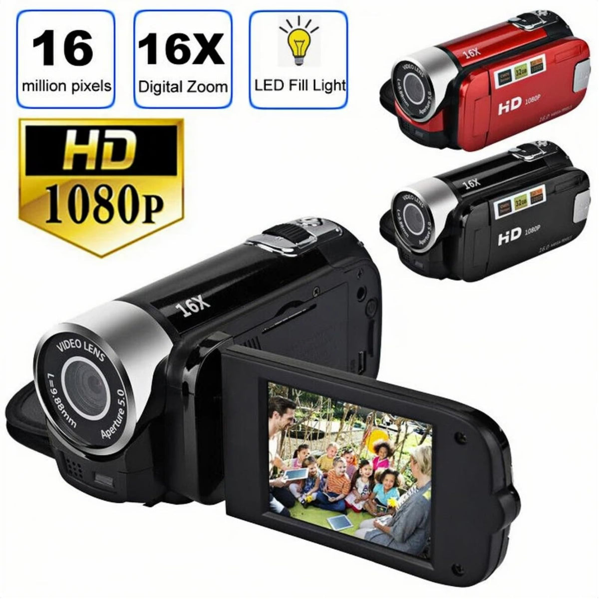 Akozon Videocámara de Mano, 16MP Dv Cámara 2.7in TFT Pantalla Giratoria 16x Vlogging Video para Niños Zoom Digital con Cable USB Mini Reproductor Dv Negro (Negro)