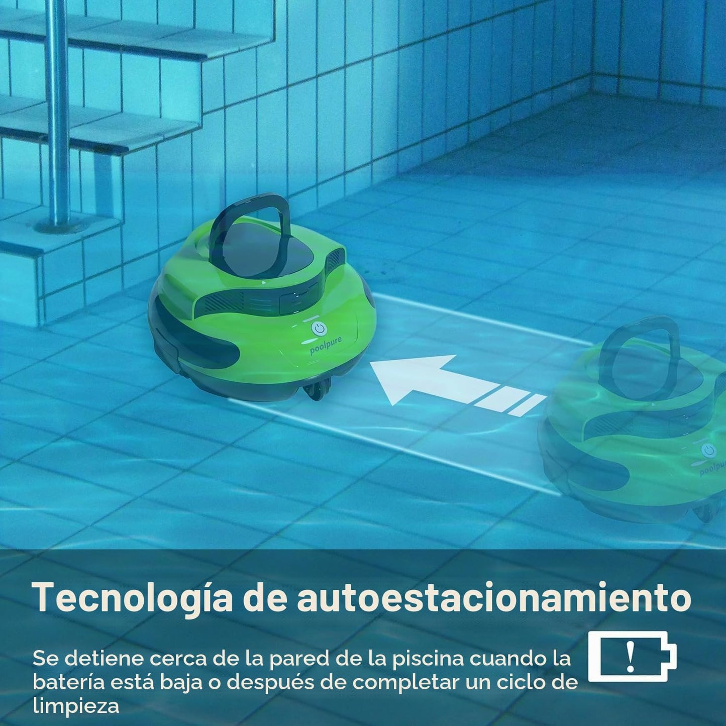 POOLPURE Robot de piscina, 100 minutos de tiempo de limpieza, 90㎡, motor doble, robot de piscina inalámbrico, indicadores LED, función de autoservicio, IPX8 impermeable, para piscinas planas