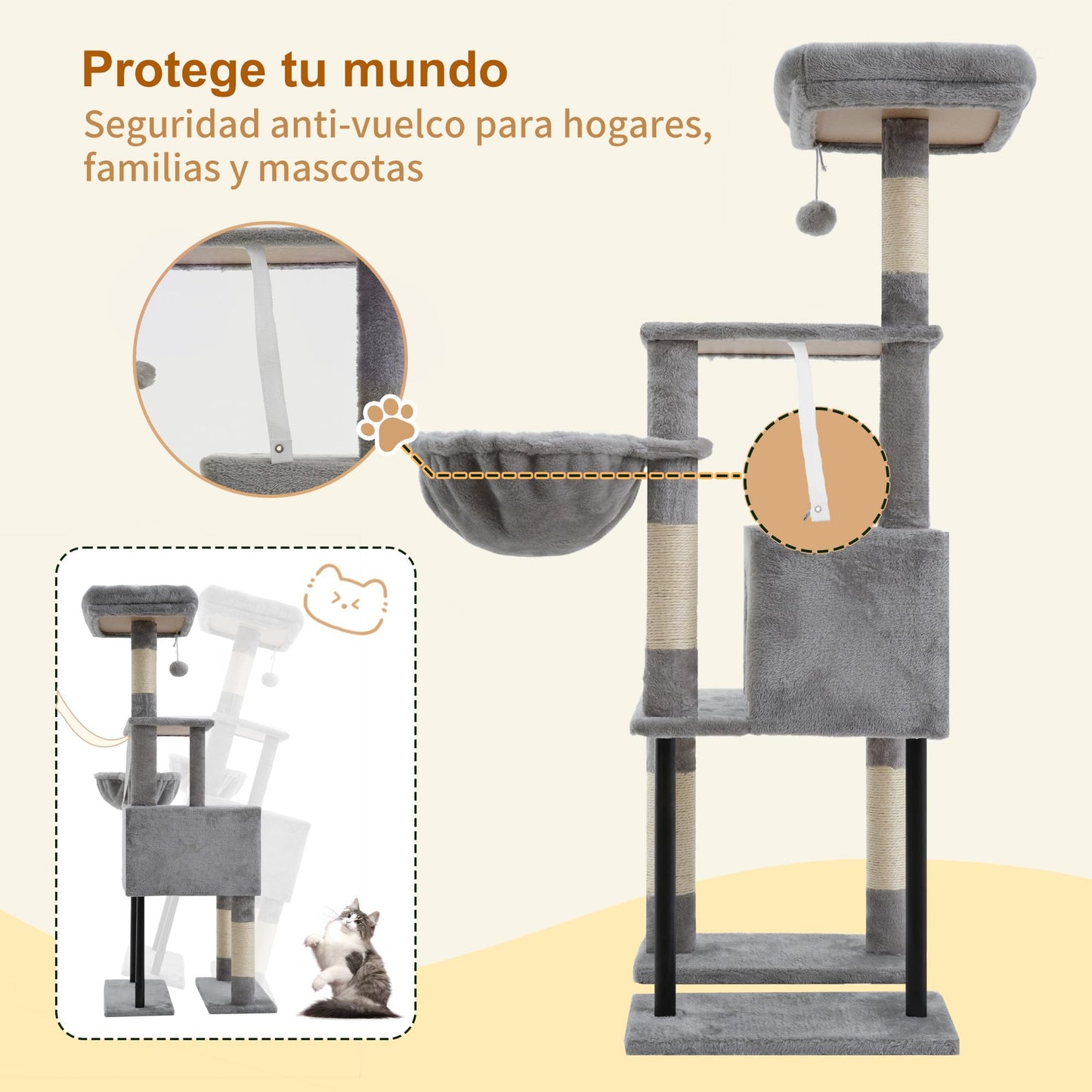 Heybly Rascador para Gatos, Árbol para Gatos De 125 Cm, Torre De Gato Espaciosa Y Cómoda con Guarida, Dos Grandes Plataformas, Cesta, Robustos Tubos De Acero, Gris Claro HCT200SW-
