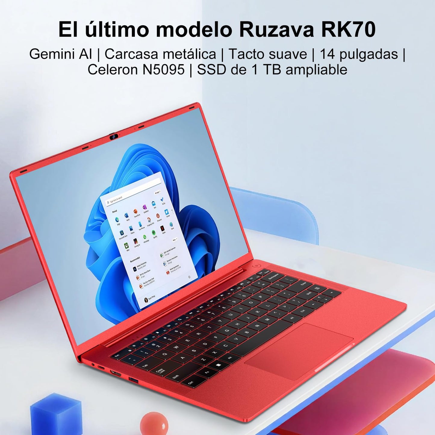 Ordenador Portátil 14 Pulgadas Celeron N5095 Upto 2,9 GHz Portatiles 8GB RAM 256GB SSD TF 1TB LPDDR4 Win11 5G WiFi 1920*1080 FHD mini HDMl Laptop Película Protectora Español - Rojo Cuerpo Metálico59
