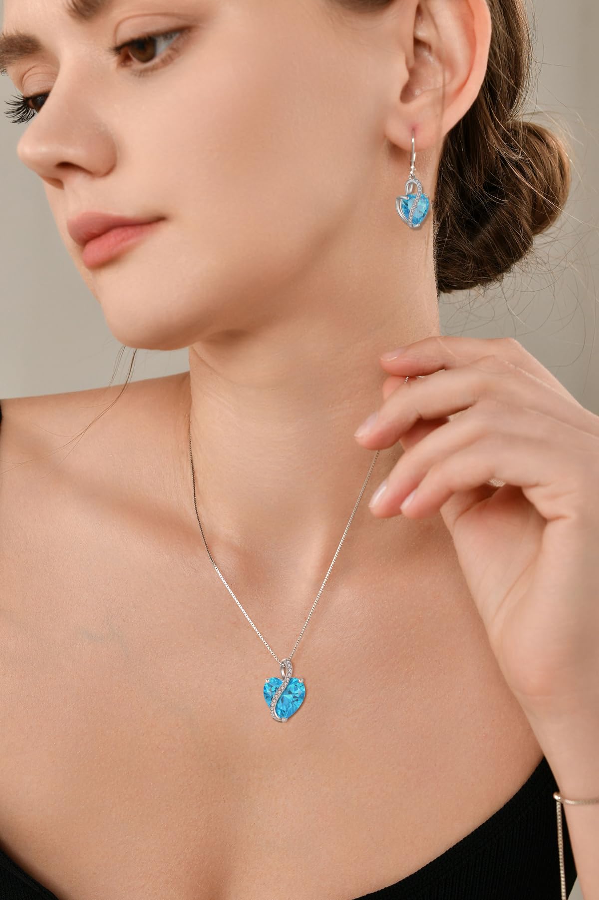 YL Collar de Corazón plata de ley 925 con colgante aguamarina de piedra natal de marzo para mujer