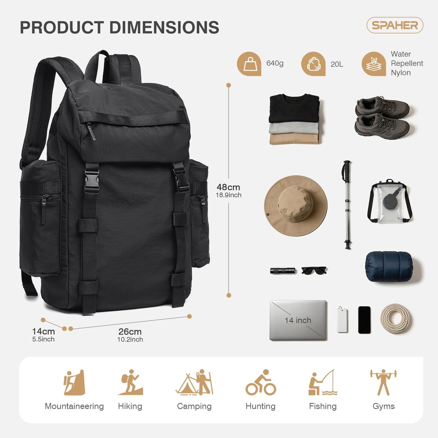 SPAHER 20L Mochila de Senderismo Trekking Impermeable para Acampar Viaje