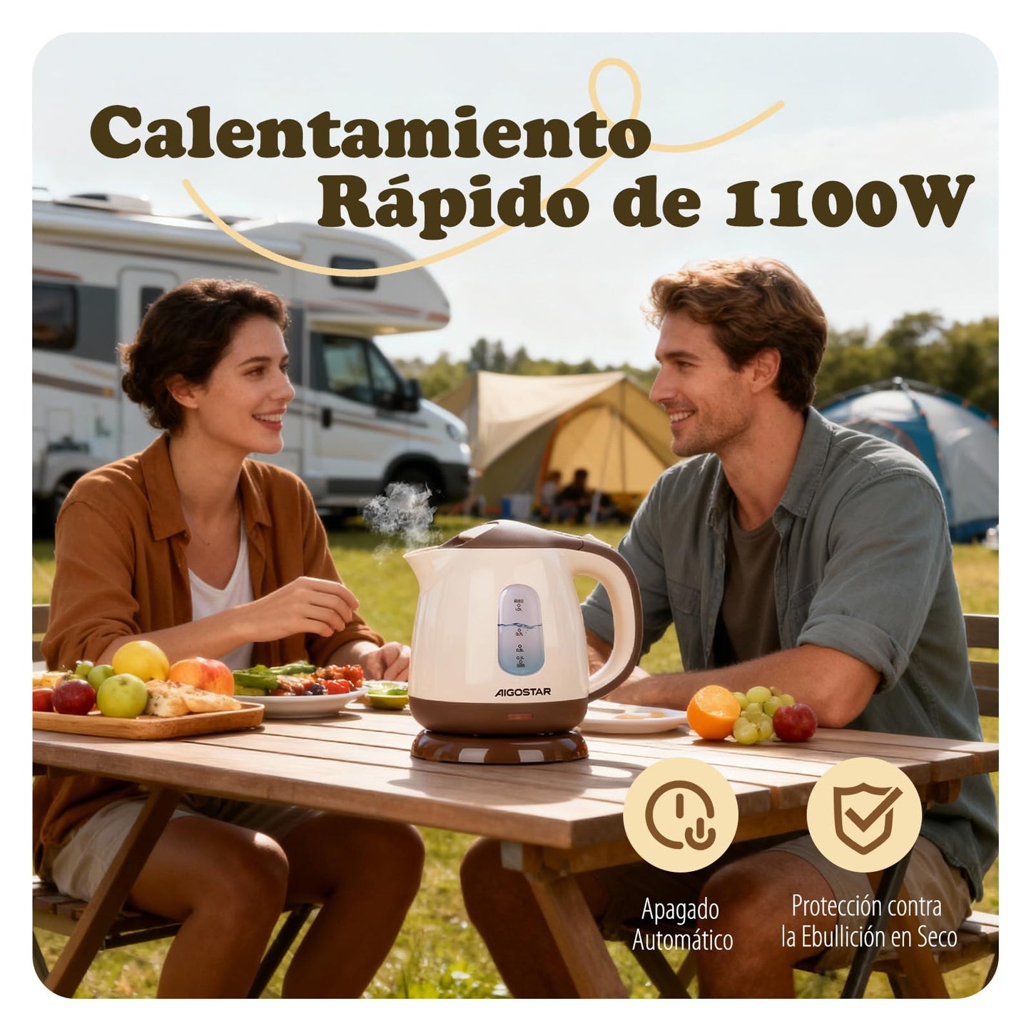 Aigostar Hervidor Agua Electrico Pequeño, Portatil & Compacto, Marrón