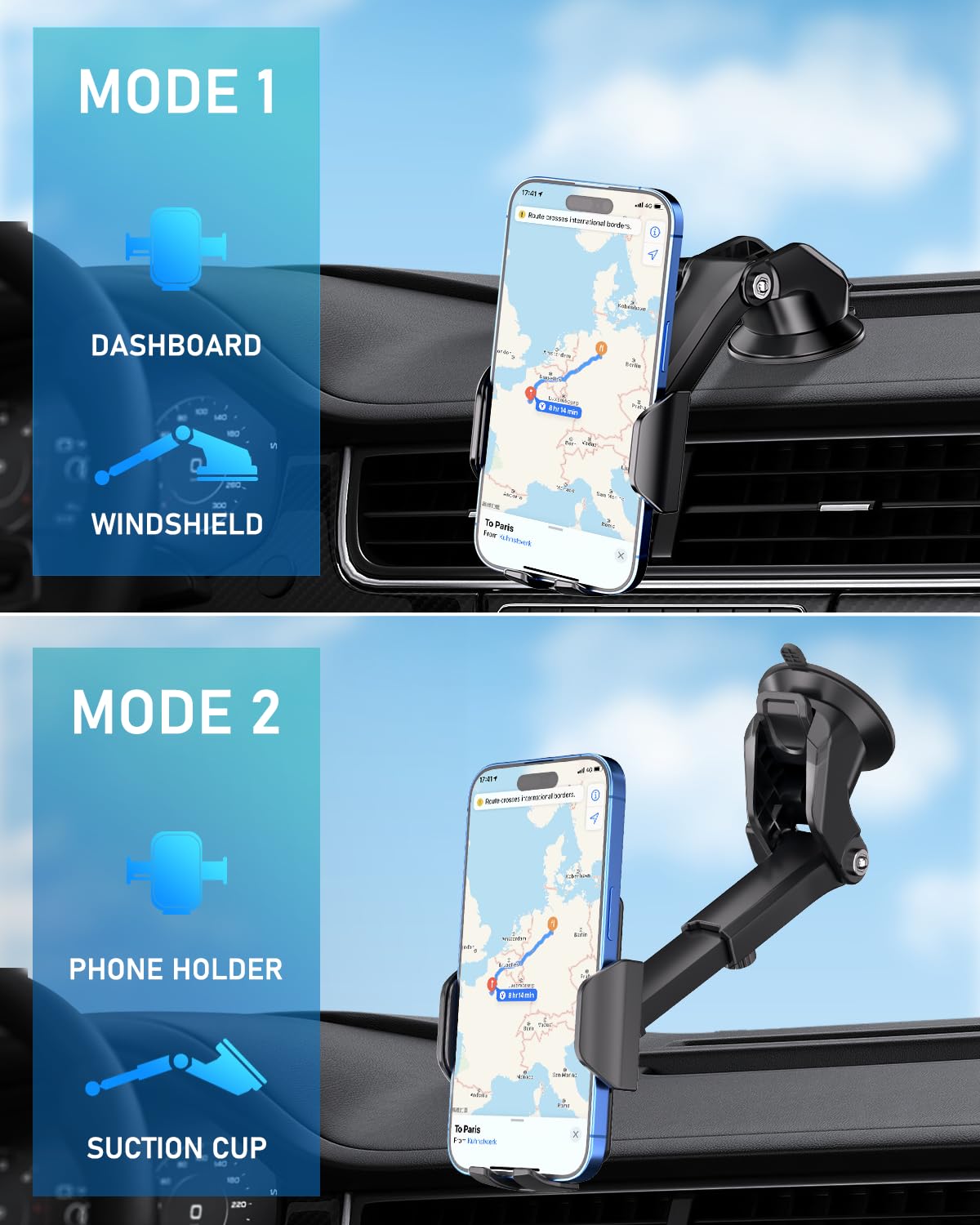 Hoppac Soporte Móvil Coche, Potente Ventosa Suporte Telemovel Carro Salpicadero & Parabrisas, Rotación de 360 Grados y Liberación de un Botón, Sujeta Porta para Teléfono 4-7 in