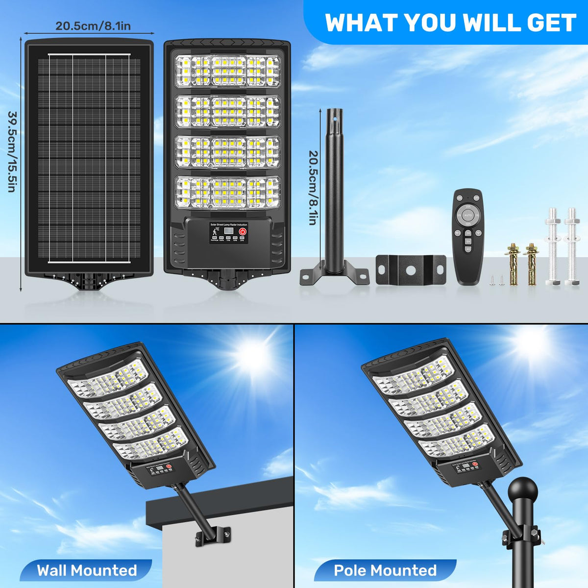 LEKIA Farolas Solar Exterior, 1000W Potente Focos LED Solares con Sensor de Movimiento y Mando a Distancia, 6500K Luz Solar IP66 Impermeable Luces Solares para Jardín Patio Aparcamiento, 2 Paquetes