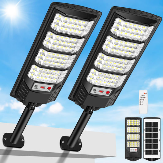 PEAKRO Farolas Solares Exterior, 600W Potente Focos LED Solar con Mando a Distancia, Sensor de Movimiento, IP66 Impermeable 6500K Luz Solar Exterior Lampara Solar Jardín para Garage Patio (2 Pack)