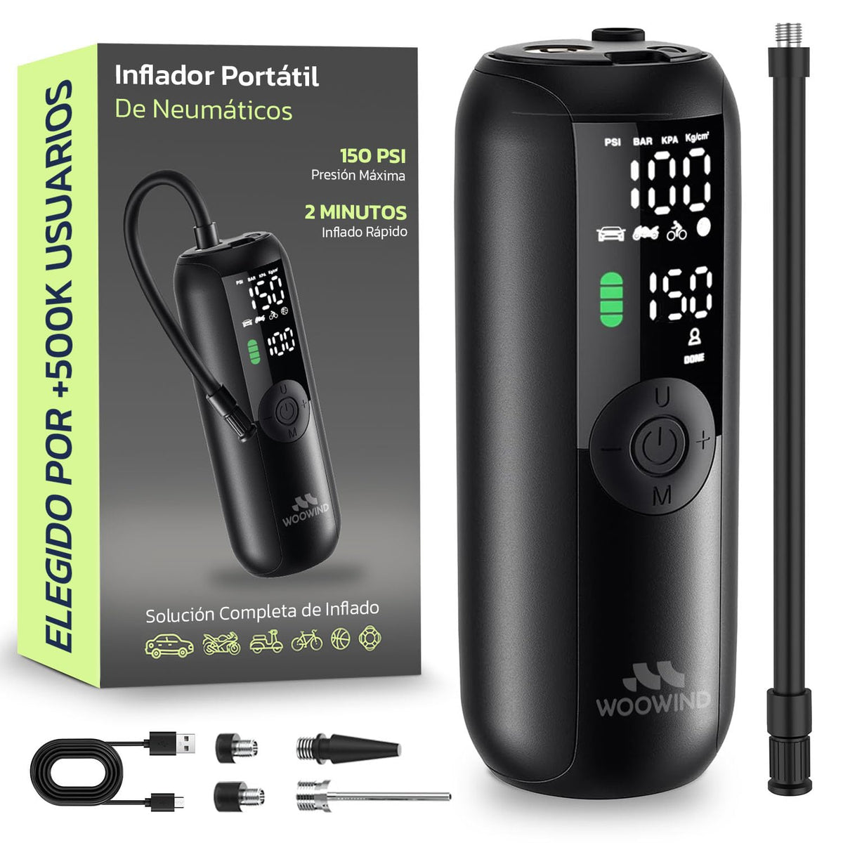 Woowind Inflador Ruedas Coche, Bici y Moto, Apagado Automático, 10,3 Bar
