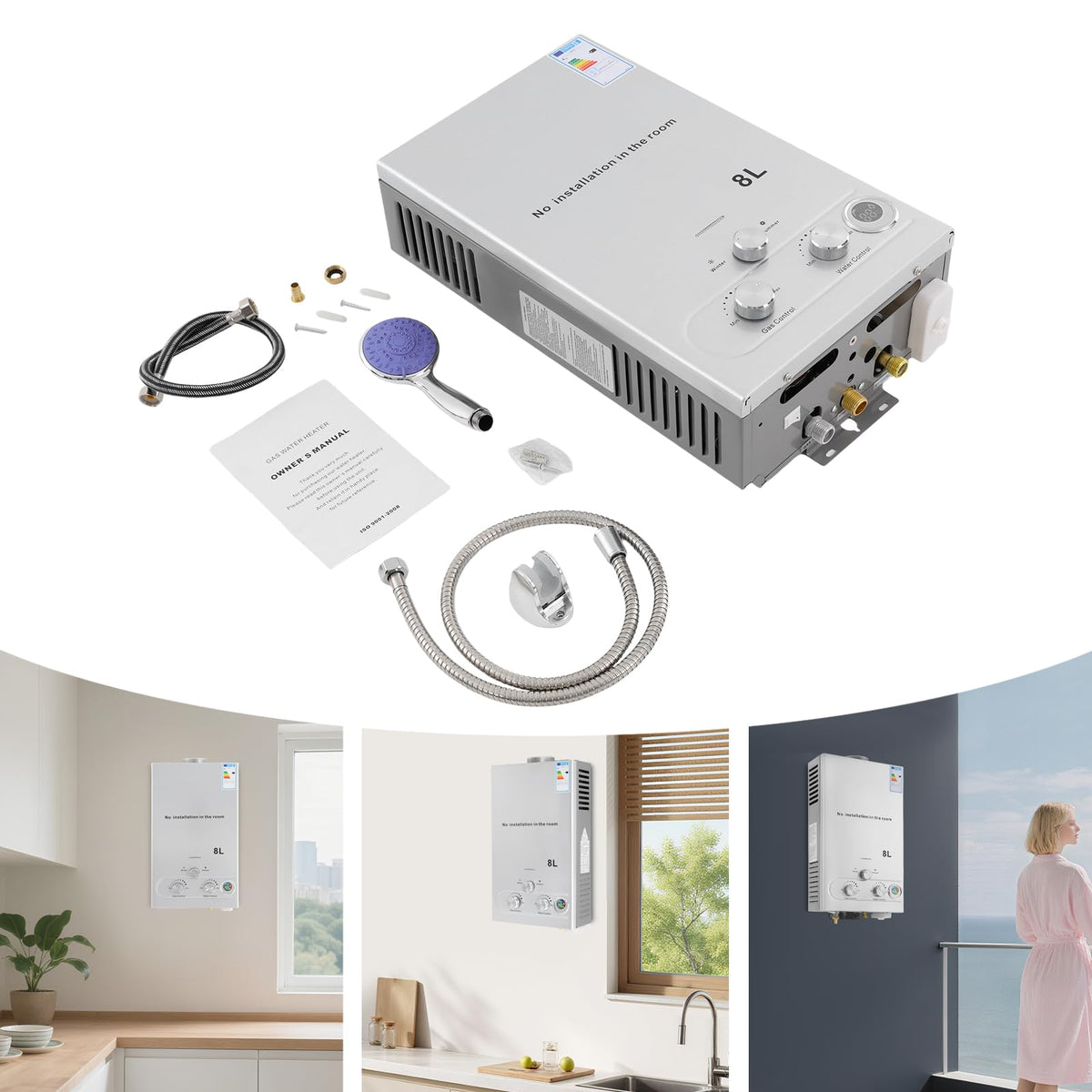 Calentador de agua instantáneo GPL, 16 kW, capacidad 8 l, agua caliente instantánea con alcachofa de ducha y tubo, calentador de agua móvil a gas, para camping, caravana y jardín, alta eficiencia (≥