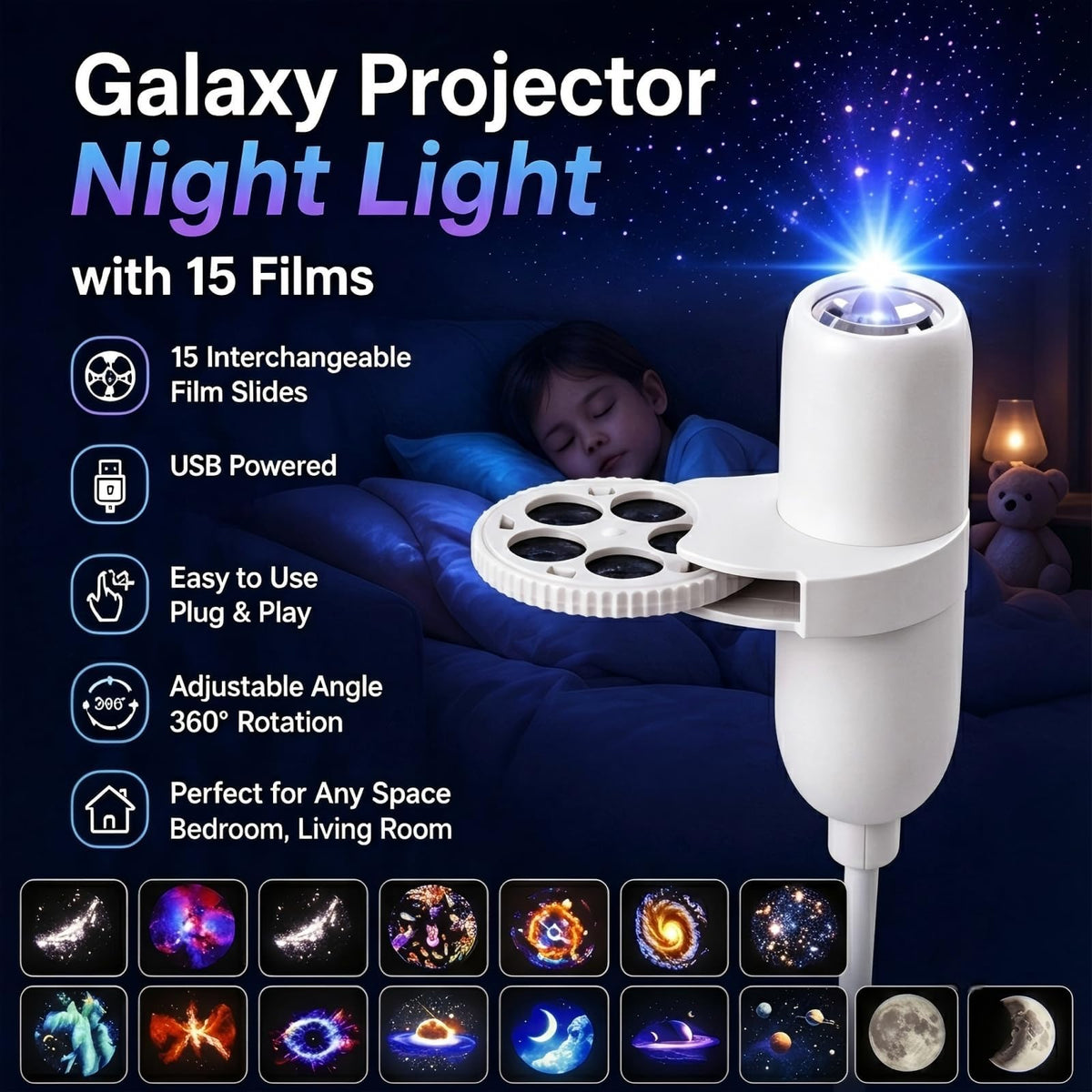 KQLHLHDYZ Luz nocturna con proyector de galaxias, proyector holográfico 5D con 15 motivos, alimentación por USB, ajustable en 360°, proyector de luna y estrellas para el dormitorio