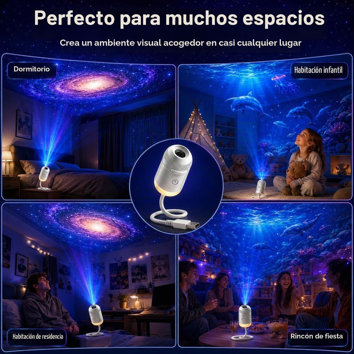 LMIX Proyector de Galaxia 2 en 1, Luz Nocturna Proyector Estrellas Usb de Cielo Estrellado Holográfico 360° 5D Galaxy Projector Night Light Lámpara de Espacio Led para Dormitorio, 24 Películas