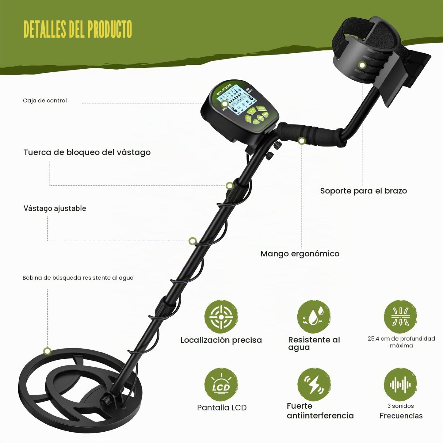 HIUYRFS Detector de Metales Profesional para Adultos y Niños, Longitud Ajustable (113-141 cm), Set de Detector de Metales con Bobina de Búsqueda Resistente al Agua IP68 (Verde)