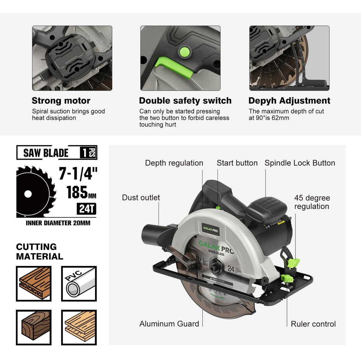 GALAX PRO 1400W sierra circular con motor cobre y recogida de polvo