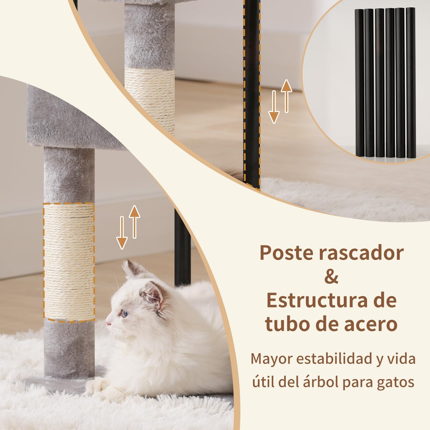Heybly Rascador para Gatos, Árbol para Gatos De 125 Cm, Torre De Gato Espaciosa Y Cómoda con Guarida, Dos Grandes Plataformas, Cesta, Robustos Tubos De Acero, Gris Claro HCT200SW-
