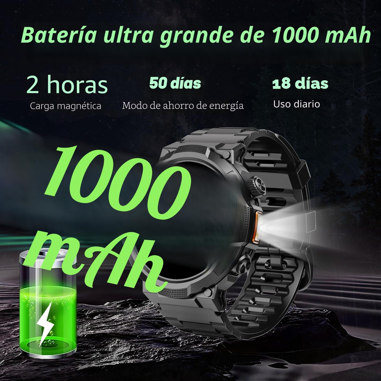 Reloj Inteligente Hombre con Linterna, 1.53'' Militar Smartwatch con Batería de 1000mAh, IP68 Reloj Deportivo con Llamadas Bluetooth/Monitor de Sueño/Pulsómetro, 100+Modos Deportivos para Android iOS