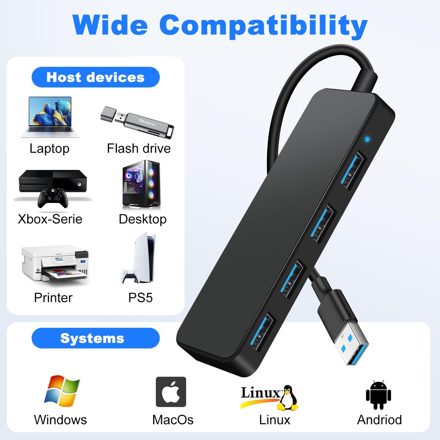 Hub USB 3.0, 4 Puertos Adaptador Ladron USB, 5Gbps Multipuerto USB para MacBook Pro/Air, iMac, Surface Pro, XPS, PC, Ratón, Impresora, Teclado, DELL, HDD y Más