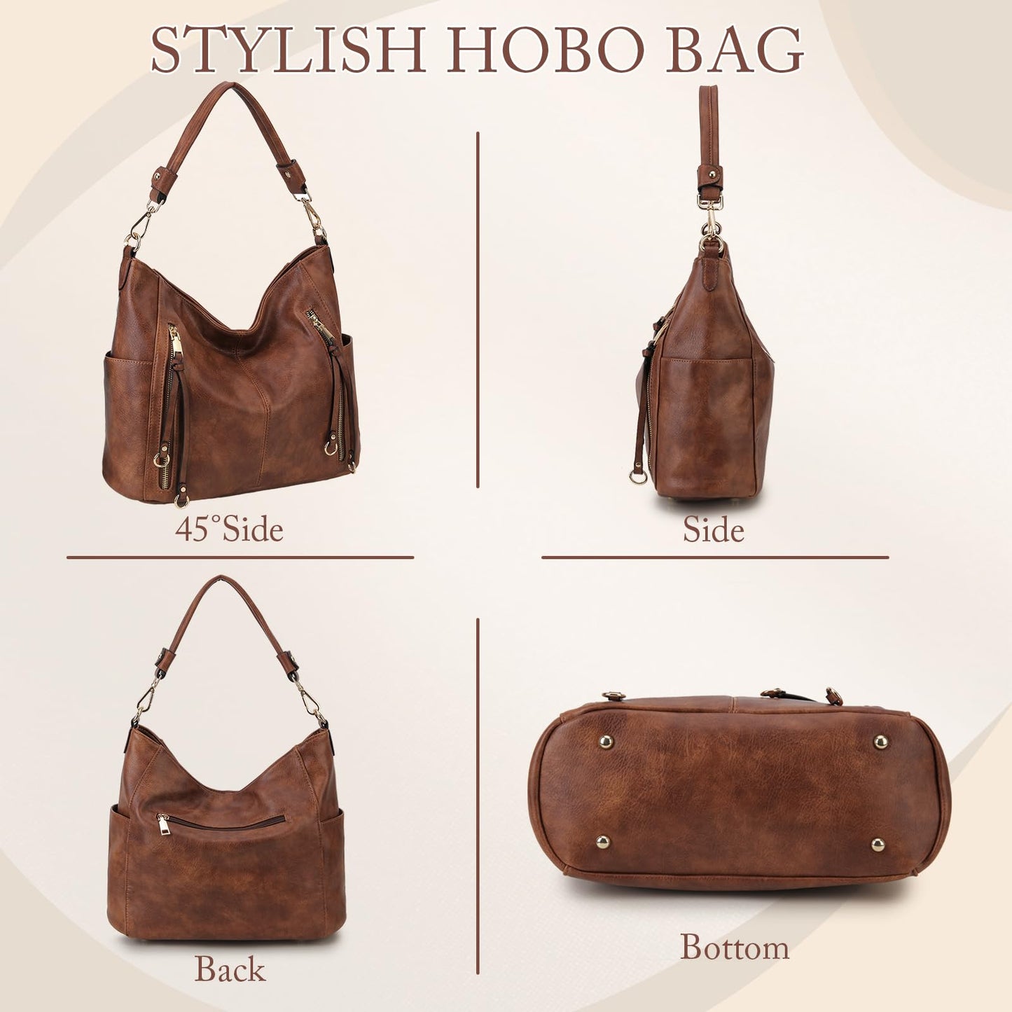 Chase Chic Bolsos de Mujer Hobo, Bolsos Bandolera Bolsos Tote Bolsos de hombro Grande PU Cuero Monedero Carteras 2pcs Set Marrón