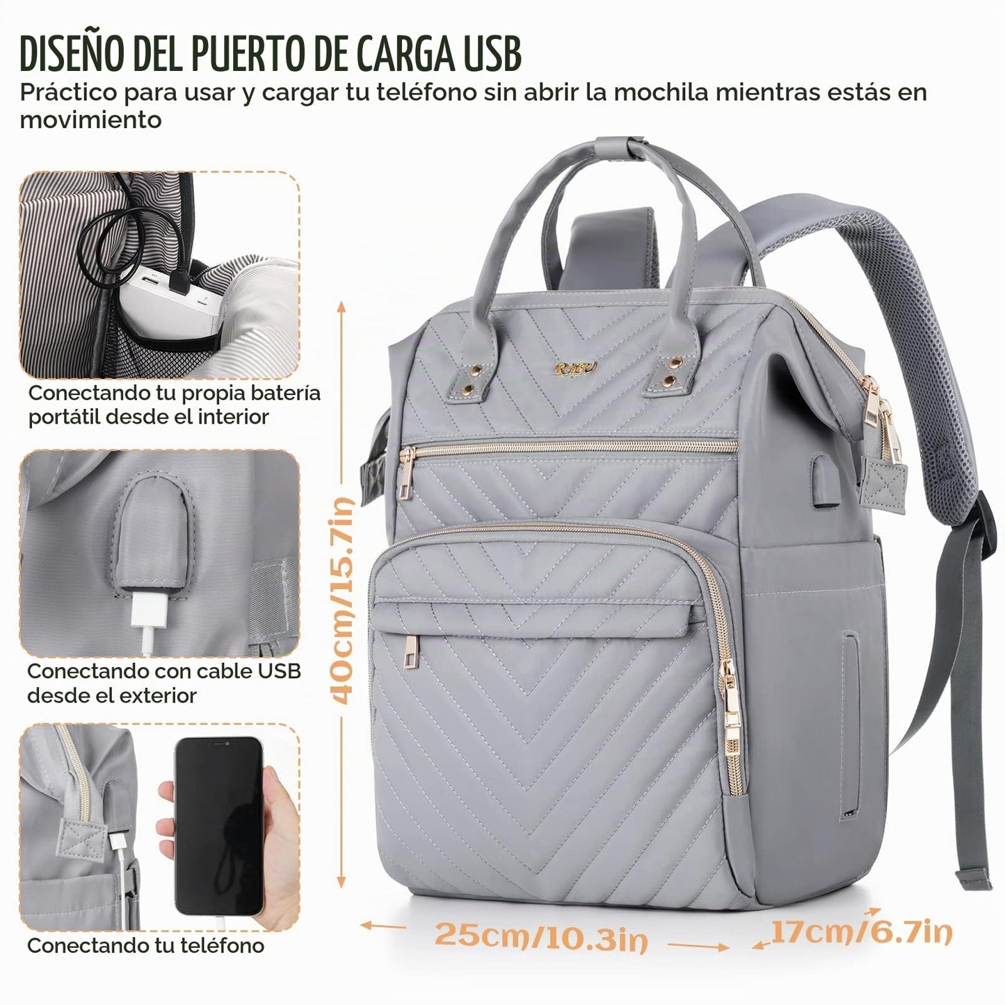 RJEU Mochila Viaje Mujer,Impermeable Mochila Ordenador Portatil para Profesora,Enfermera Trabajo,Mochila Escolar para Adolescentes,Regalos para Mujeres,Gris