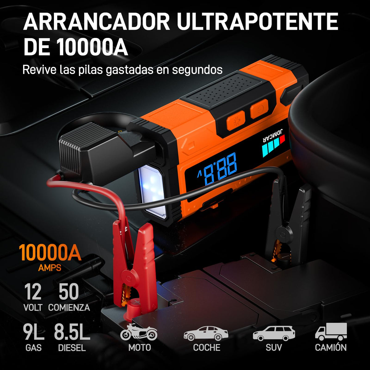 JDMCAR Arrancador de Baterias de Coche - 𝟏𝟎𝟎𝟎𝟎𝐀 𝟏𝟐𝐕 Jump Starter