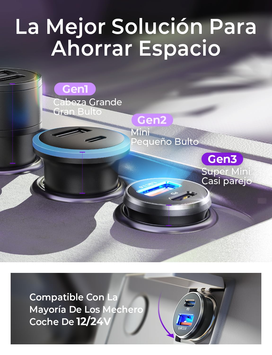 LISEN Cargador Coche Carga Rápida Mechero USB C 69W+60W Cable, Accesorios