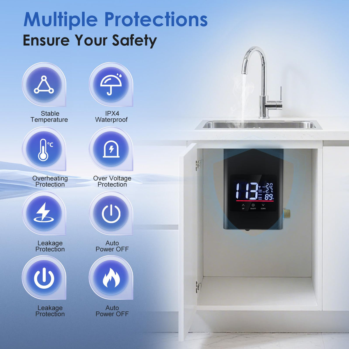 Eirolace Mini Calentador de Agua Eléctrico Instantáneo 6000W 220V, Calentador de Agua Instantáneo con Indicador de Temperatura y Mando a Distancia, Calentador de Agua IPX4 para Cocina, Ducha, Baño