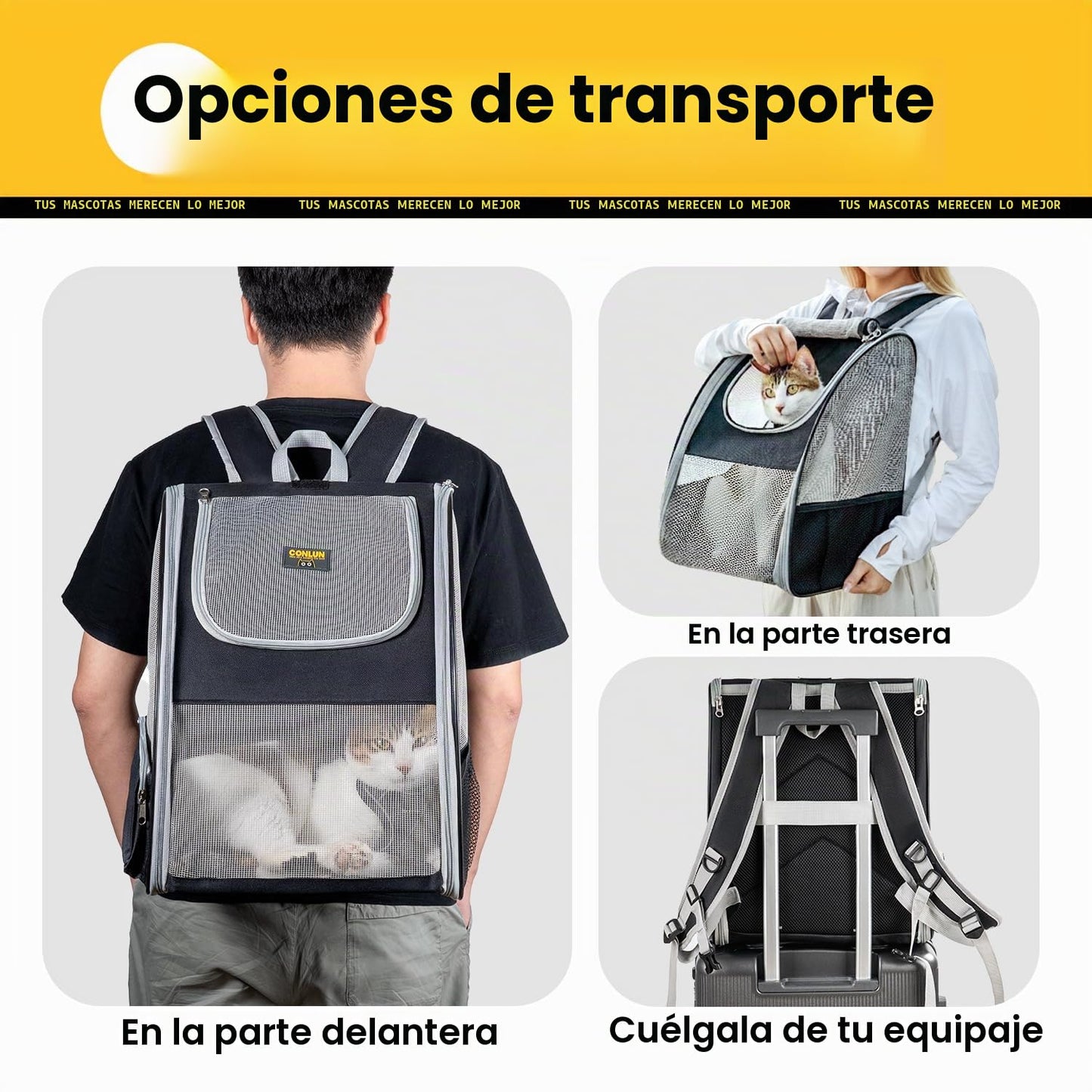 Conlun Mochila Gato y Transportin Perro pequeño para Perros pequeños y Gatos de hasta 7 kg, Mochila para Perros Ventanas de Malla en 3 Lados, para Viajes y Senderismo,Gris