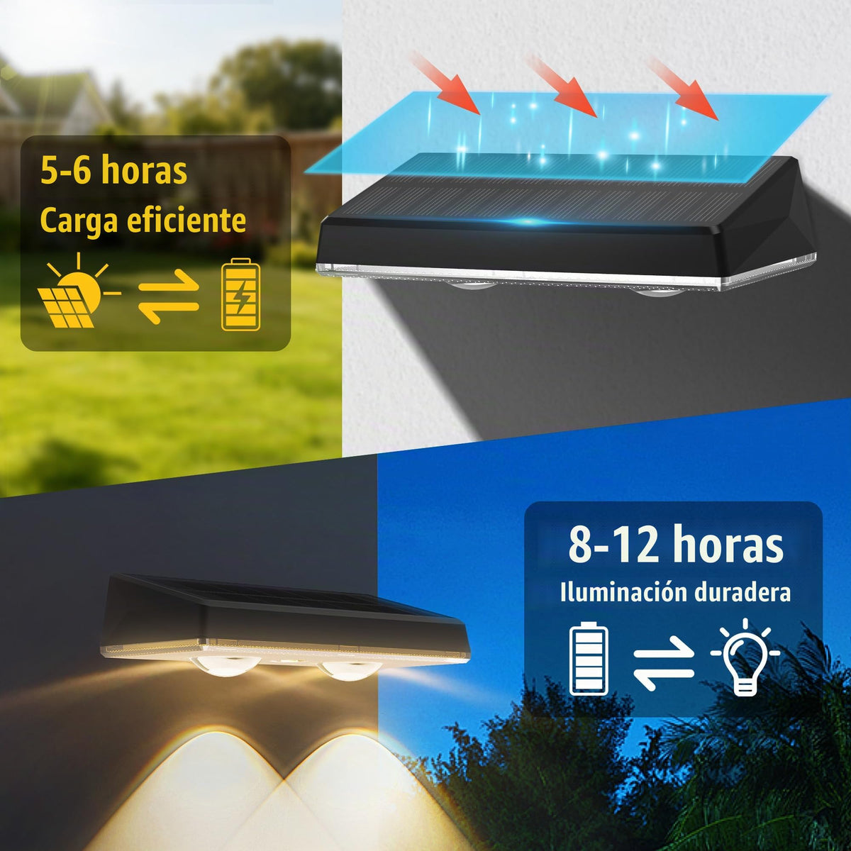 Delaiglow Aplique Pared Exterior - Paquete de 6 Luces Solares Impermeables con 3 Modos de Color y 10h Iluminación Automática, Luz Solar para Jardín, Terraza, Patio