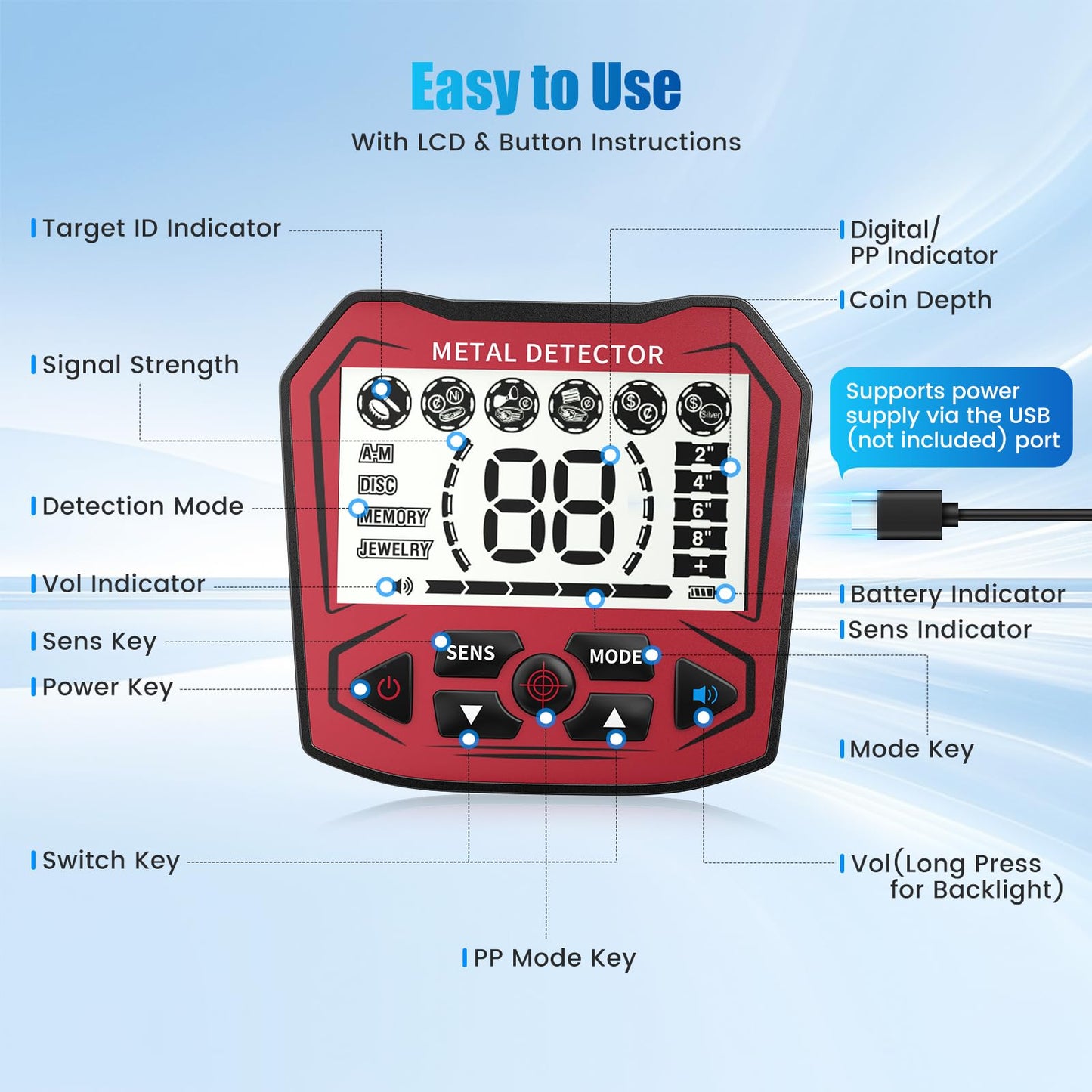 Detector de Metales Profesional para Adultos y niños, Chip antiinterferencias, Resistente al Agua IP68, soporta batería y alimentación USB, 5 Modos de detección (Rojo)