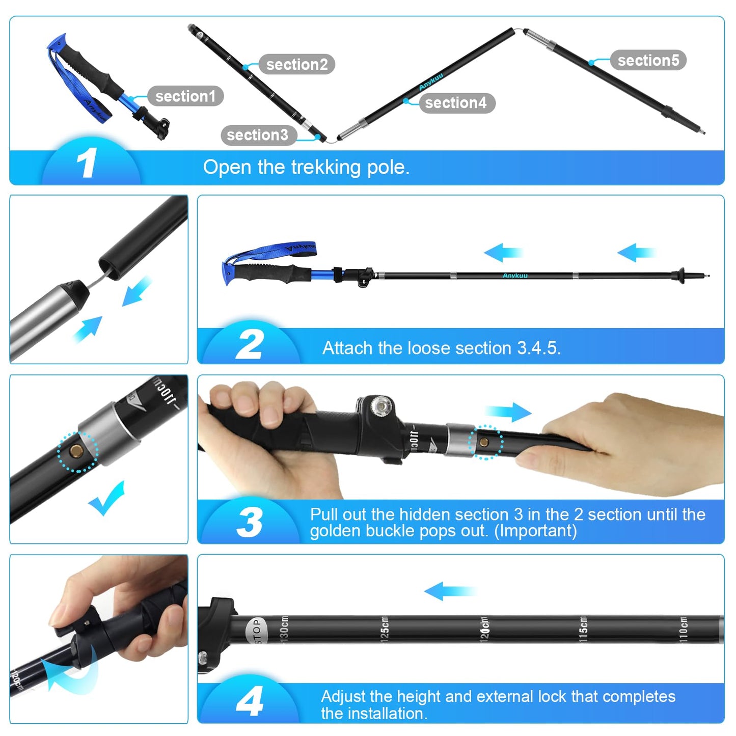 Anykuu 7075 Bastones de Senderismo de Aleación de Aluminio 2pcs y EVA Bastones Trekking Bastones Marcha Nordica Plegables Ajustar la Longitud 110-130CM para Senderismo Viaje Alpinismo Trail