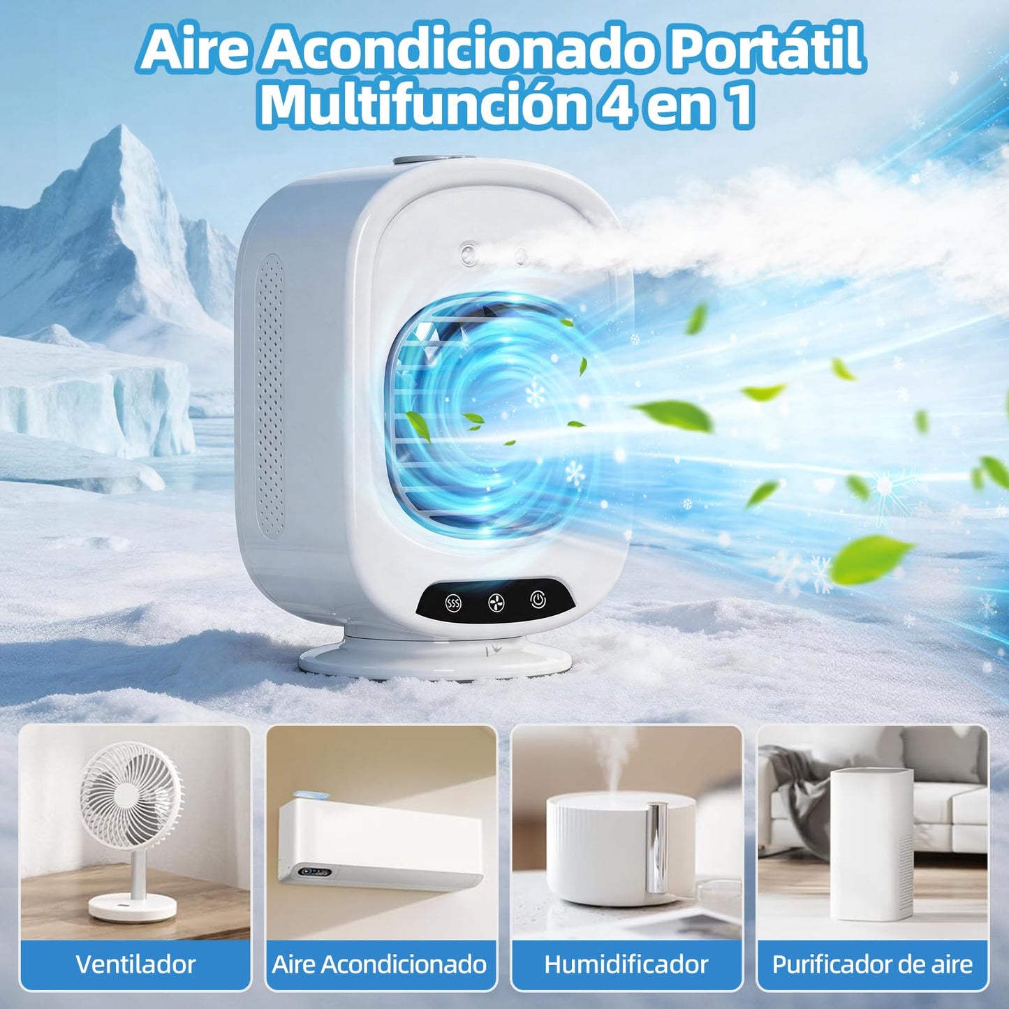Aire Acondicionado Portatil, Mini Enfriador de Aire Portátil, 4 en 1 USB Recargable con Tanque 300 mL, 3 Velocidades, Adecuado para Dormitorio, Oficina, Camping (Blanco)
