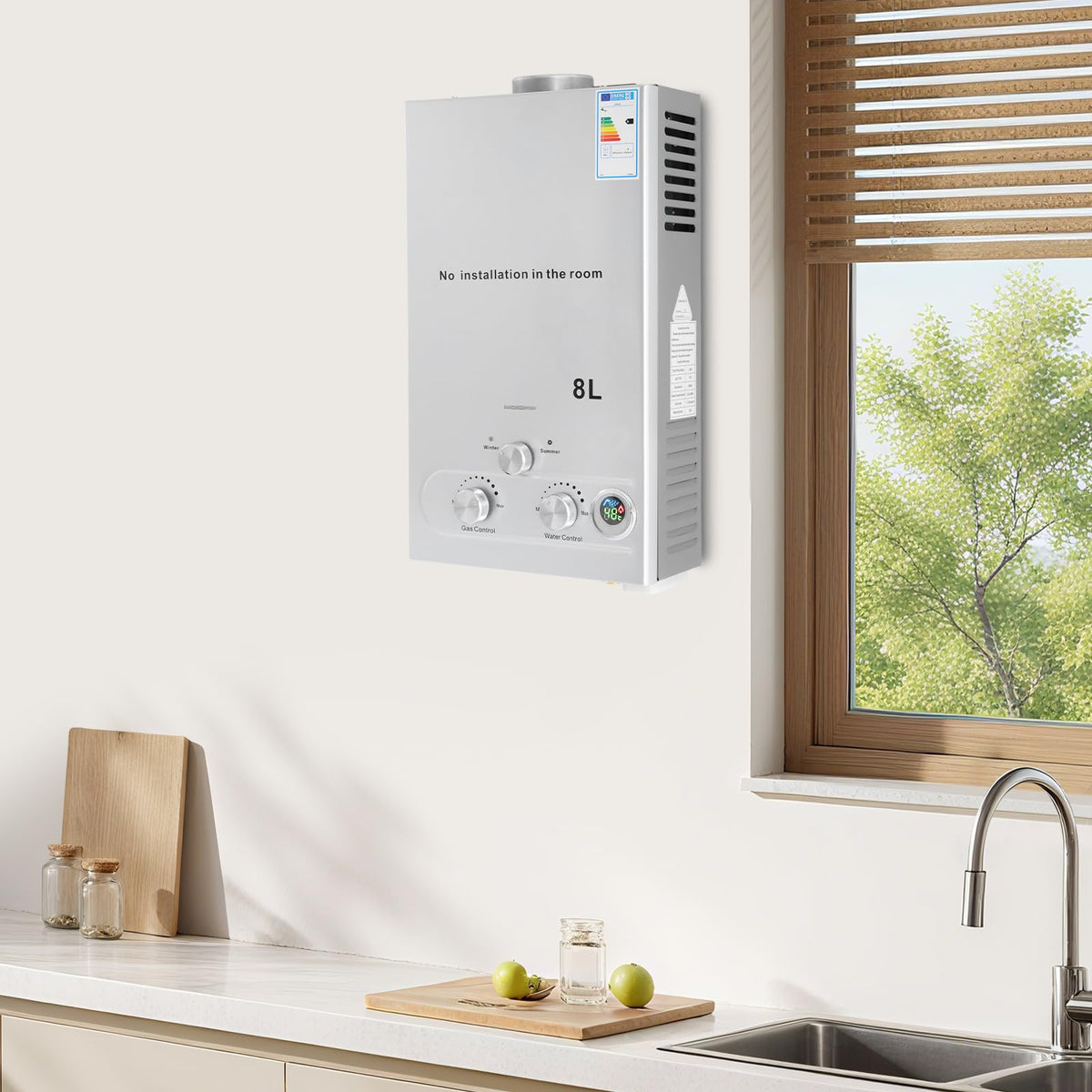 Calentador de agua instantáneo GPL, 16 kW, capacidad 8 l, agua caliente instantánea con alcachofa de ducha y tubo, calentador de agua móvil a gas, para camping, caravana y jardín, alta eficiencia (≥
