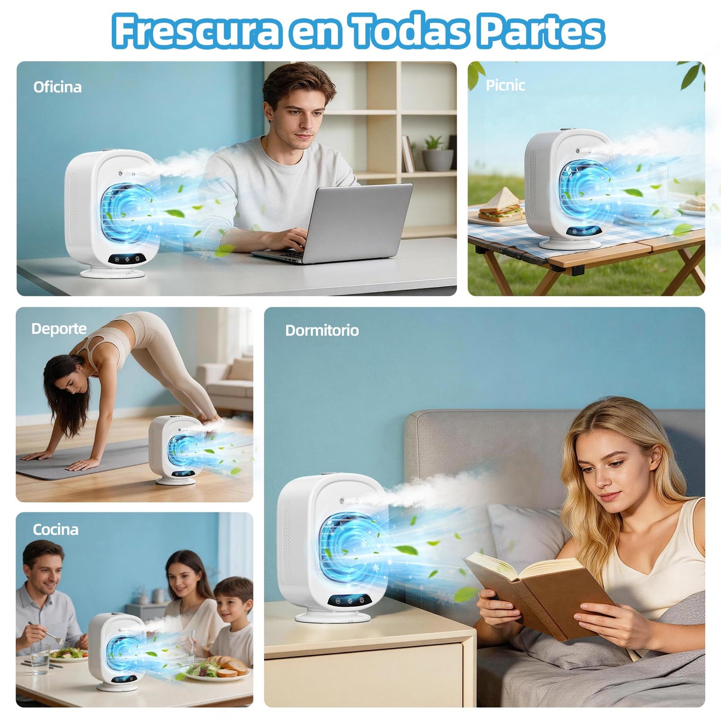 Aire Acondicionado Portatil, Mini Enfriador de Aire Portátil, 4 en 1 USB Recargable con Tanque 300 mL, 3 Velocidades, Adecuado para Dormitorio, Oficina, Camping (Blanco)