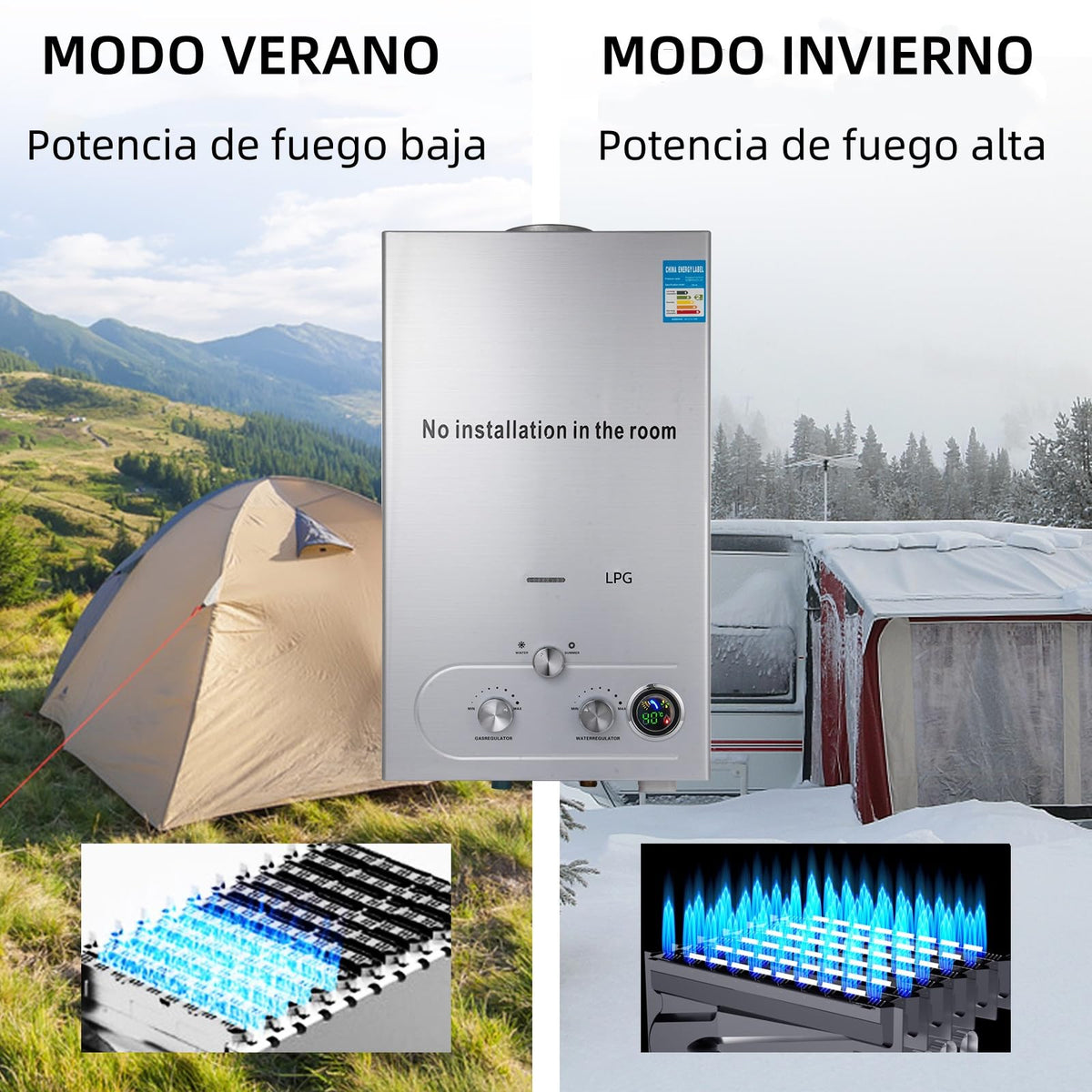 16L 32KW Calentador de Agua de Gas GLP Butano y Propano Calentador de Agua Calentador de Agua LPG Instantáneo Portátil,Modos de Invierno y Verano,para Ducha Al Aire Libre,Baño,Camping