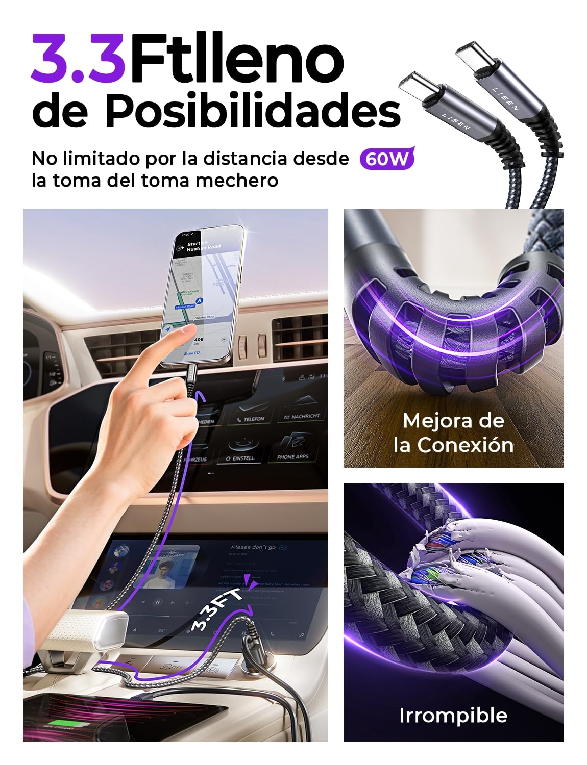 LISEN Cargador Coche Carga Rápida Mechero USB C 69W+60W Cable, Accesorios