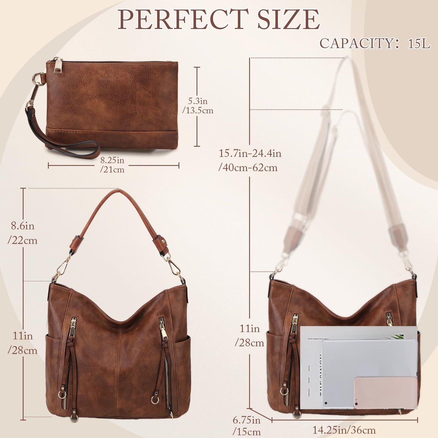 Chase Chic Bolsos de Mujer Hobo, Bolsos Bandolera Bolsos Tote Bolsos de hombro Grande PU Cuero Monedero Carteras 2pcs Set Marrón