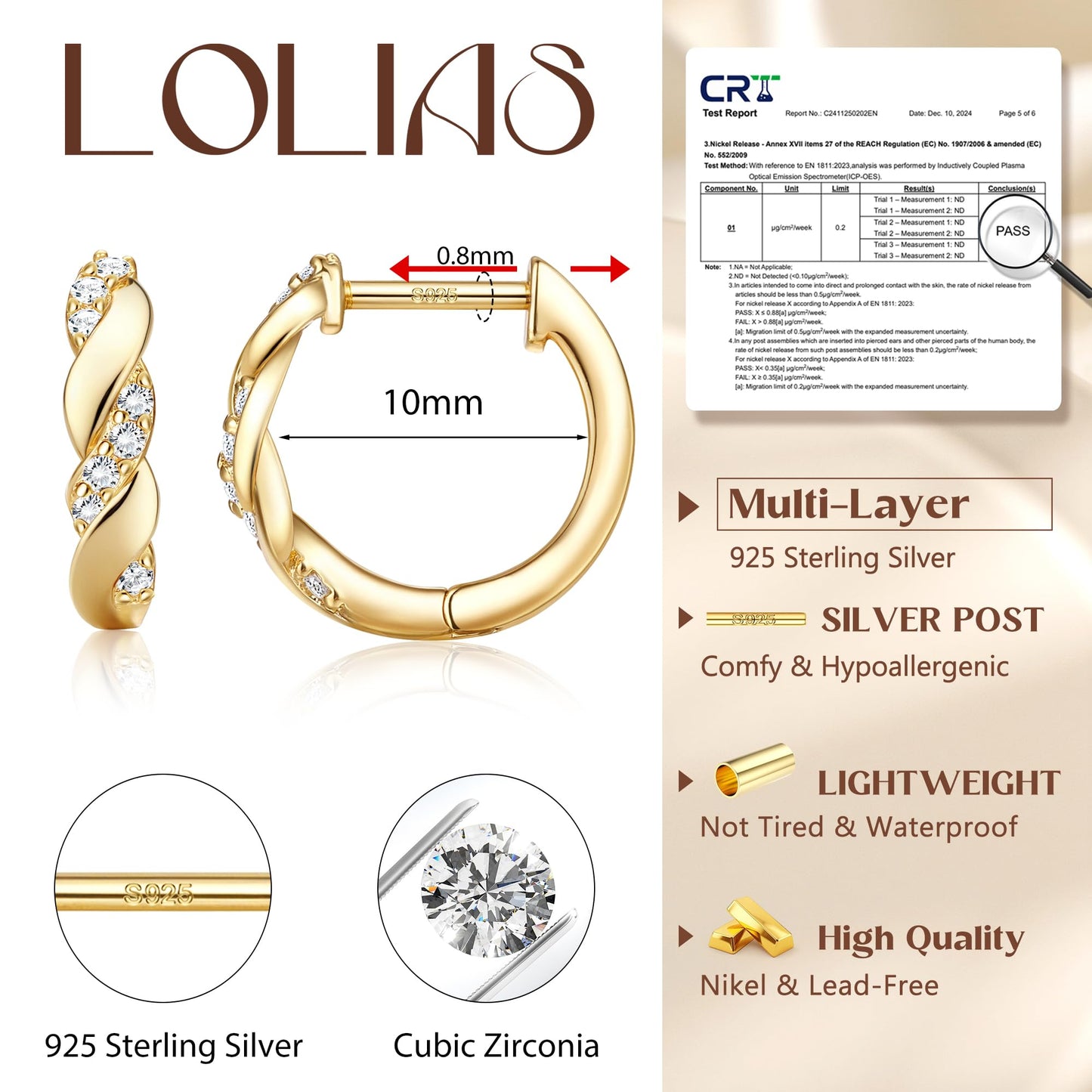 LOLIAS Pendientes Mujer Plata Ley 925 Dorados Aretes
