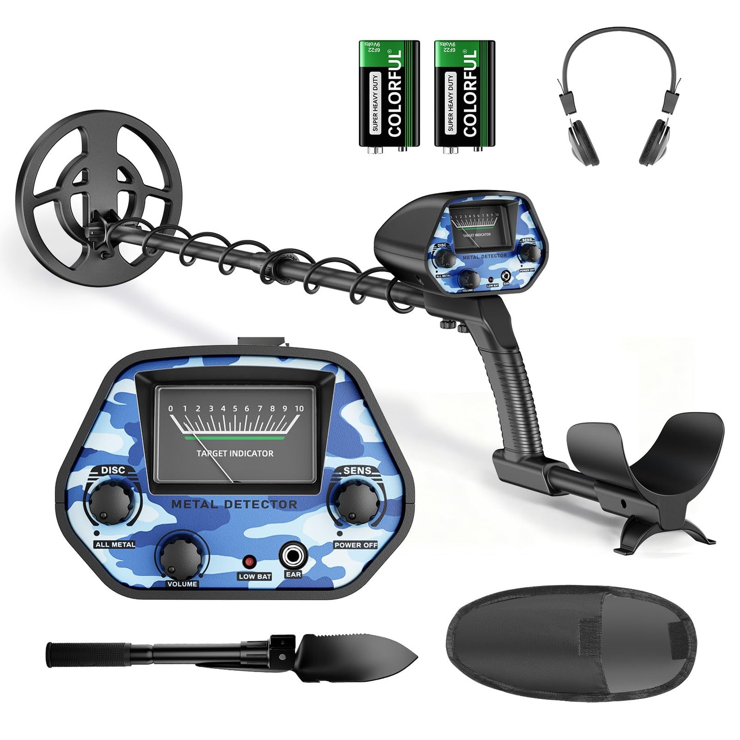 Detector de metales para adultos y niños, bobina impermeable IP68, detector de oro ajustable en altura 94-122cm, profundidad 18cm, diseño ligero para oro, monedas, búsqueda en playa(Azul-Negro (Juego)
