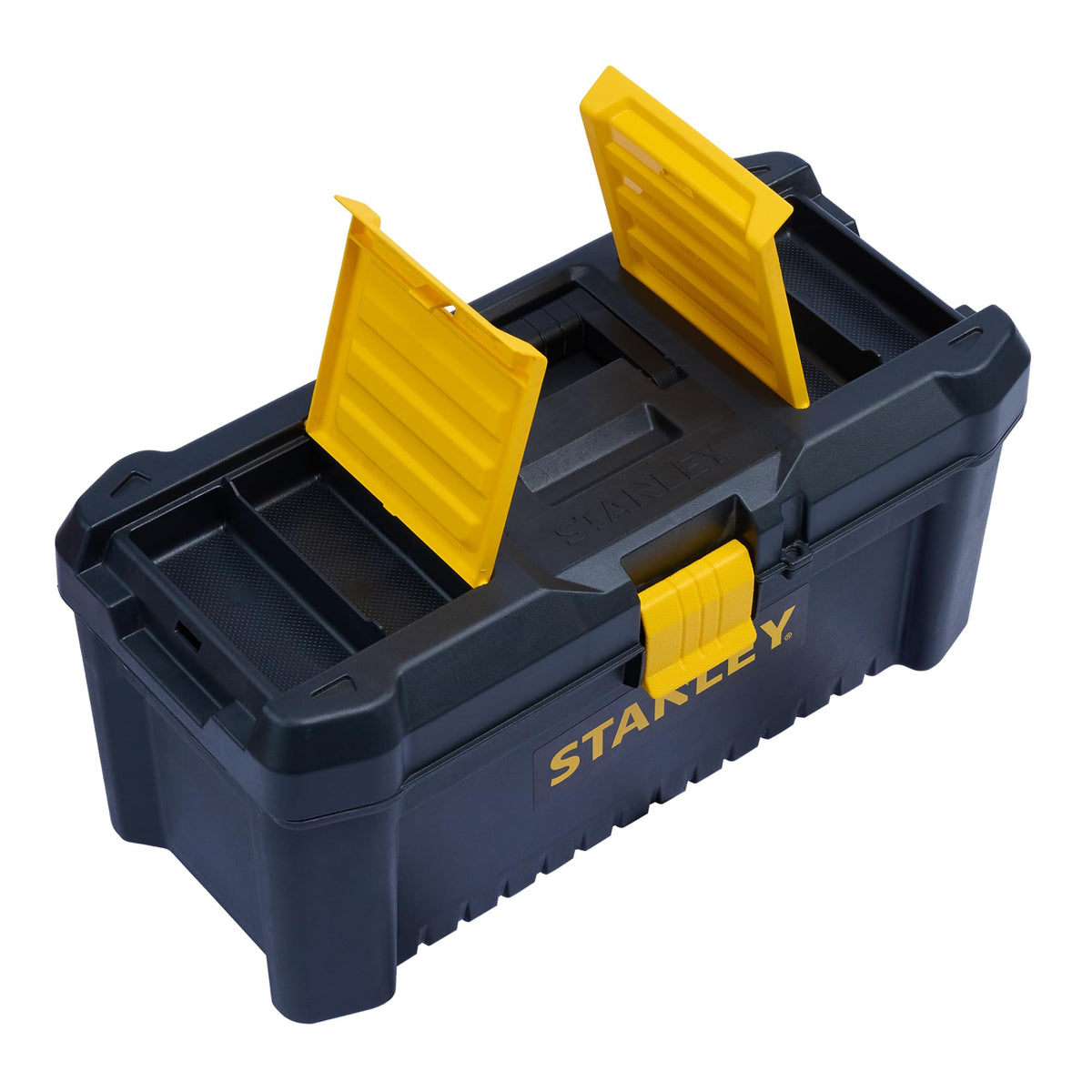 STANLEY Caja de herramientas de plástico con cierre de plástico, 40,6 x 20,5 x 19,5 cm, asa ergonómica, organizadores en la tapa, bandeja interior extraíble, orificio para candado, STST1-75517