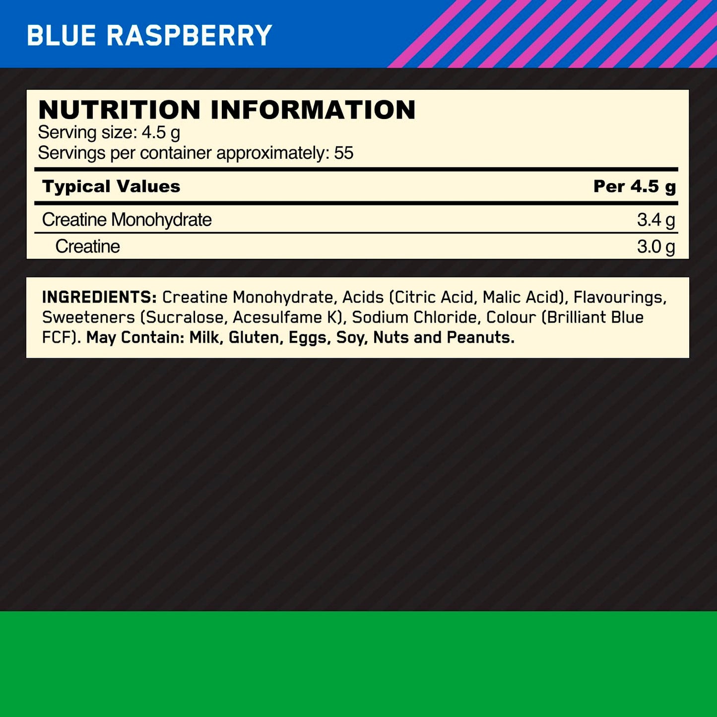 Optimum Nutrition Creatina Micronizada en Polvo, Sabor Frambuesa Azul, 247.5g, 55 Servicios