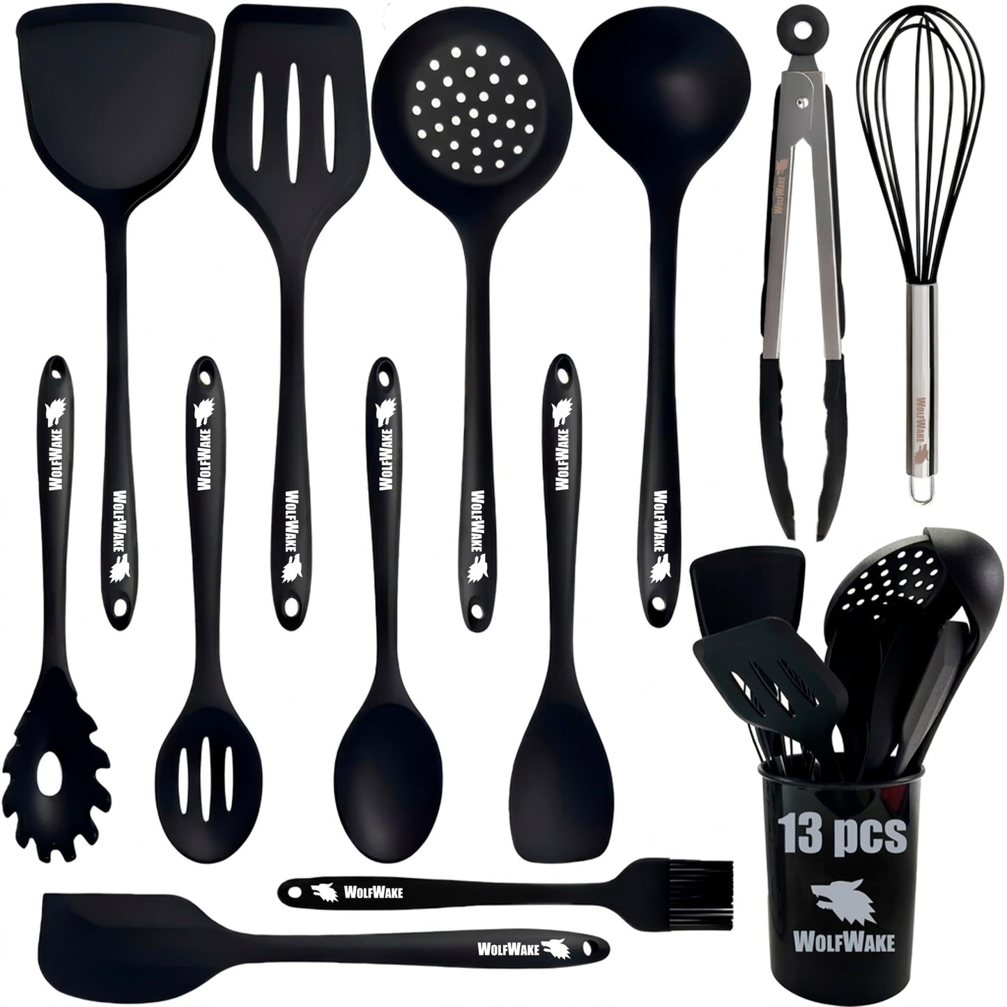 WOLFWAKE 13 Piezas Utensilios de Cocina de Silicona - Menaje de Cocina, Paletas de Cocina, Cucharones de Cocina, Pinzas de Cocina, Bote Utensilios Cocina, Resistentes al Calor y Antiadherente (Negro)