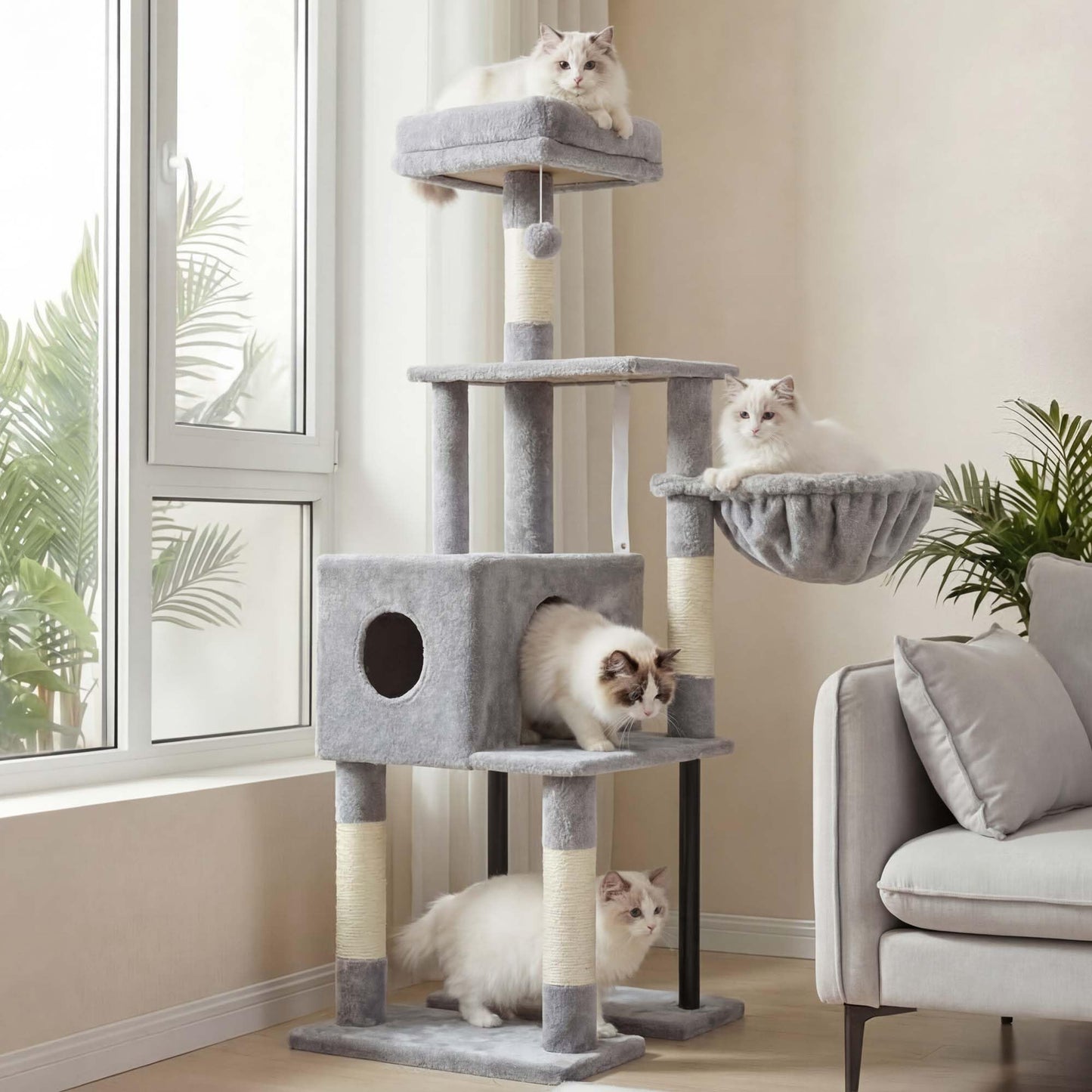 Heybly Rascador para Gatos, Árbol para Gatos De 125 Cm, Torre De Gato Espaciosa Y Cómoda con Guarida, Dos Grandes Plataformas, Cesta, Robustos Tubos De Acero, Gris Claro HCT200SW-