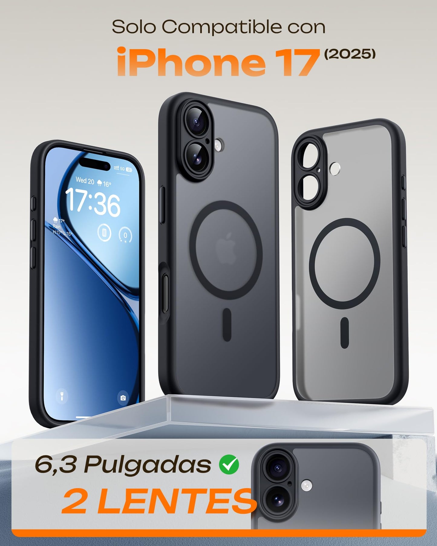 TOCOL Funda para iPhone 17, Protección Lente Cámara, Imanes Integrado, Compatible con Magsafe, Protección contra Caídas, Translúcida Mate Trasera, Titanio Negro