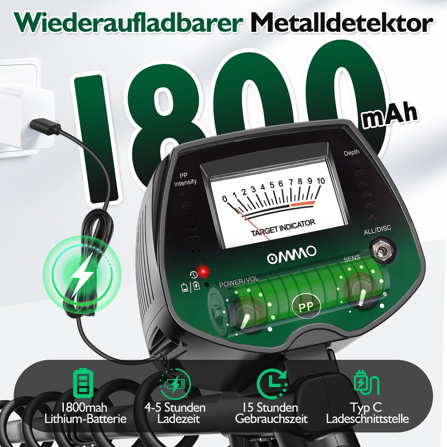 OMMO Detector de Metales Profesional para Adultos y Niños, Verde