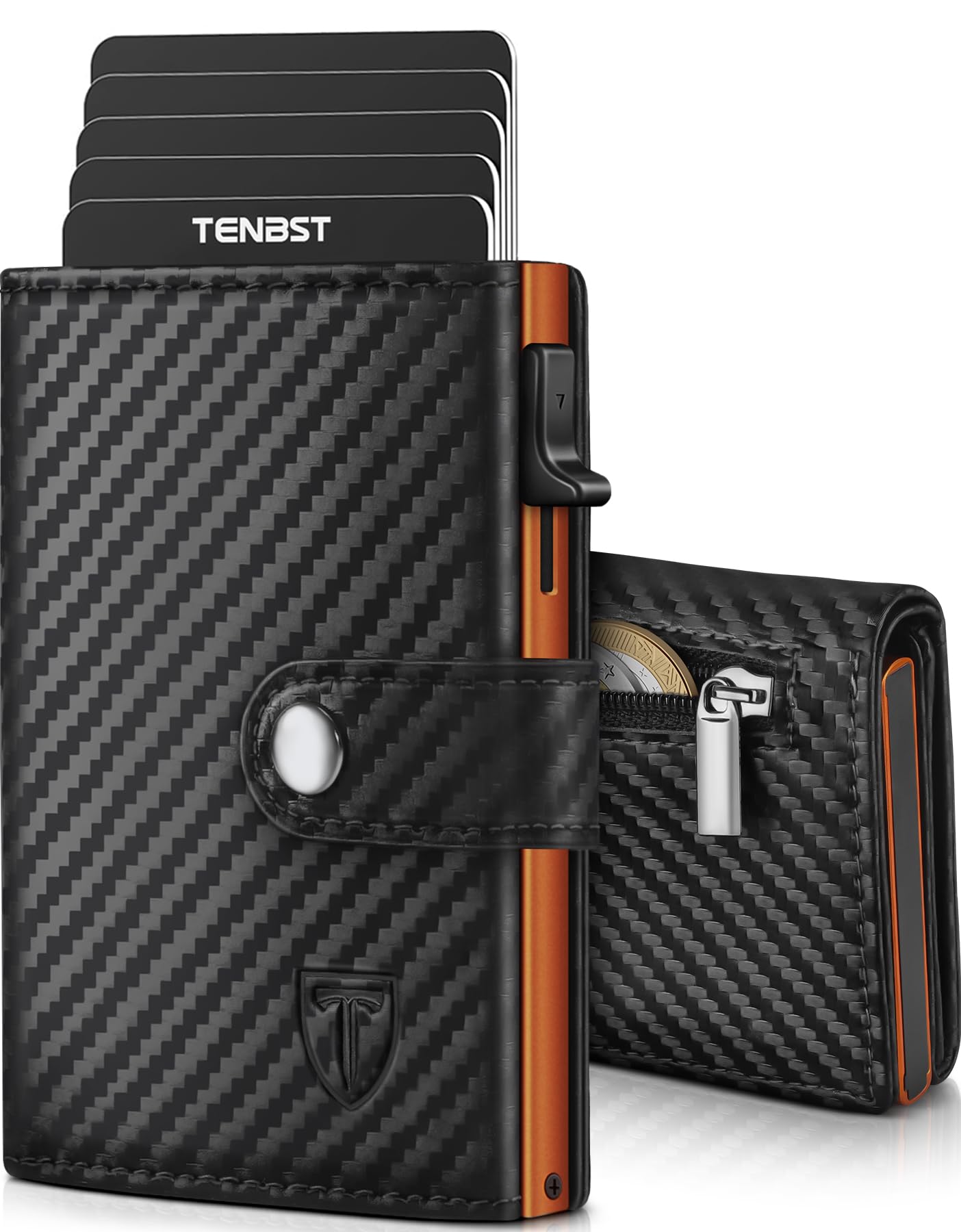TENBST Carteras para Hombre | Tarjetero Cartera Hombre con Monedero & Bloqueo RFID | Tarjeteros para Tarjetas de Credito | Billeteras para Hombre | Regalo Hombre - Fibra de Carbon (Negro-Naranja)
