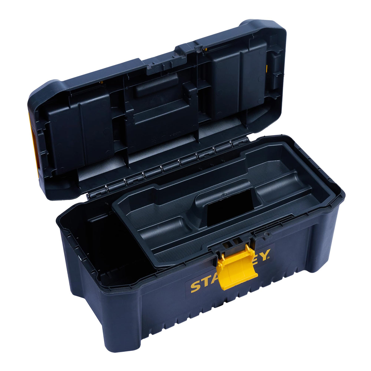 STANLEY Caja de herramientas de plástico con cierre de plástico, 40,6 x 20,5 x 19,5 cm, asa ergonómica, organizadores en la tapa, bandeja interior extraíble, orificio para candado, STST1-75517