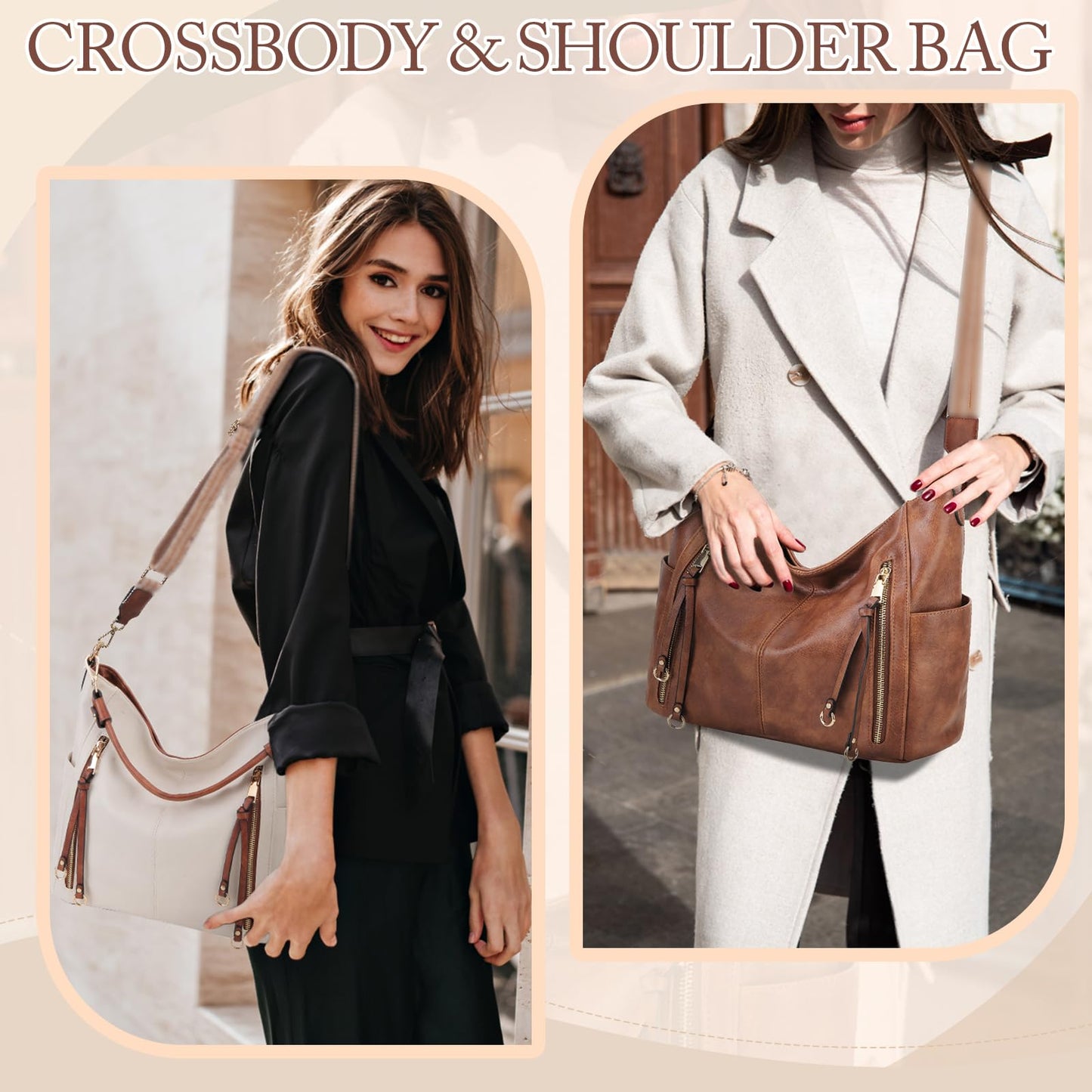 Chase Chic Bolsos de Mujer Hobo, Bolsos Bandolera Bolsos Tote Bolsos de hombro Grande PU Cuero Monedero Carteras 2pcs Set Marrón