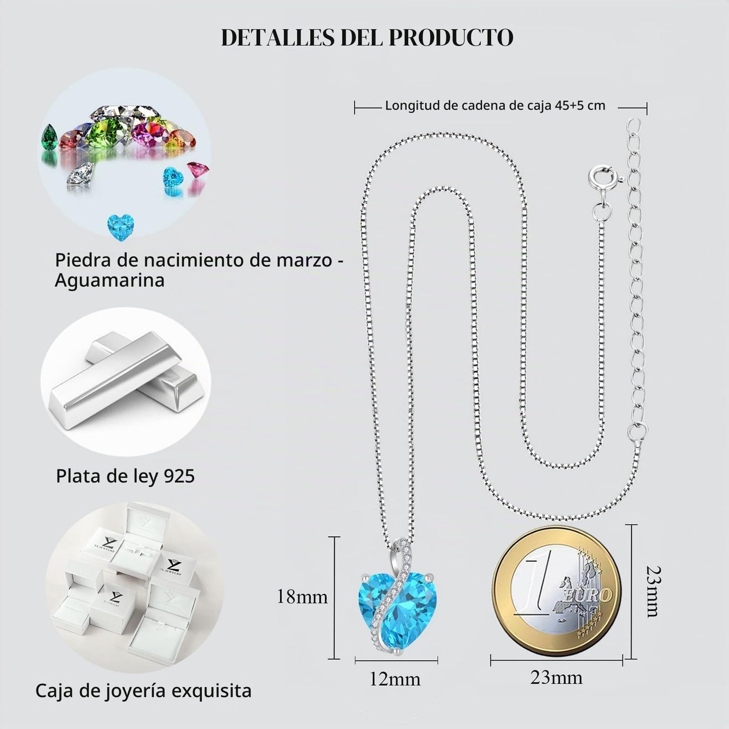 YL Collar de Corazón plata de ley 925 con colgante aguamarina de piedra natal de marzo para mujer
