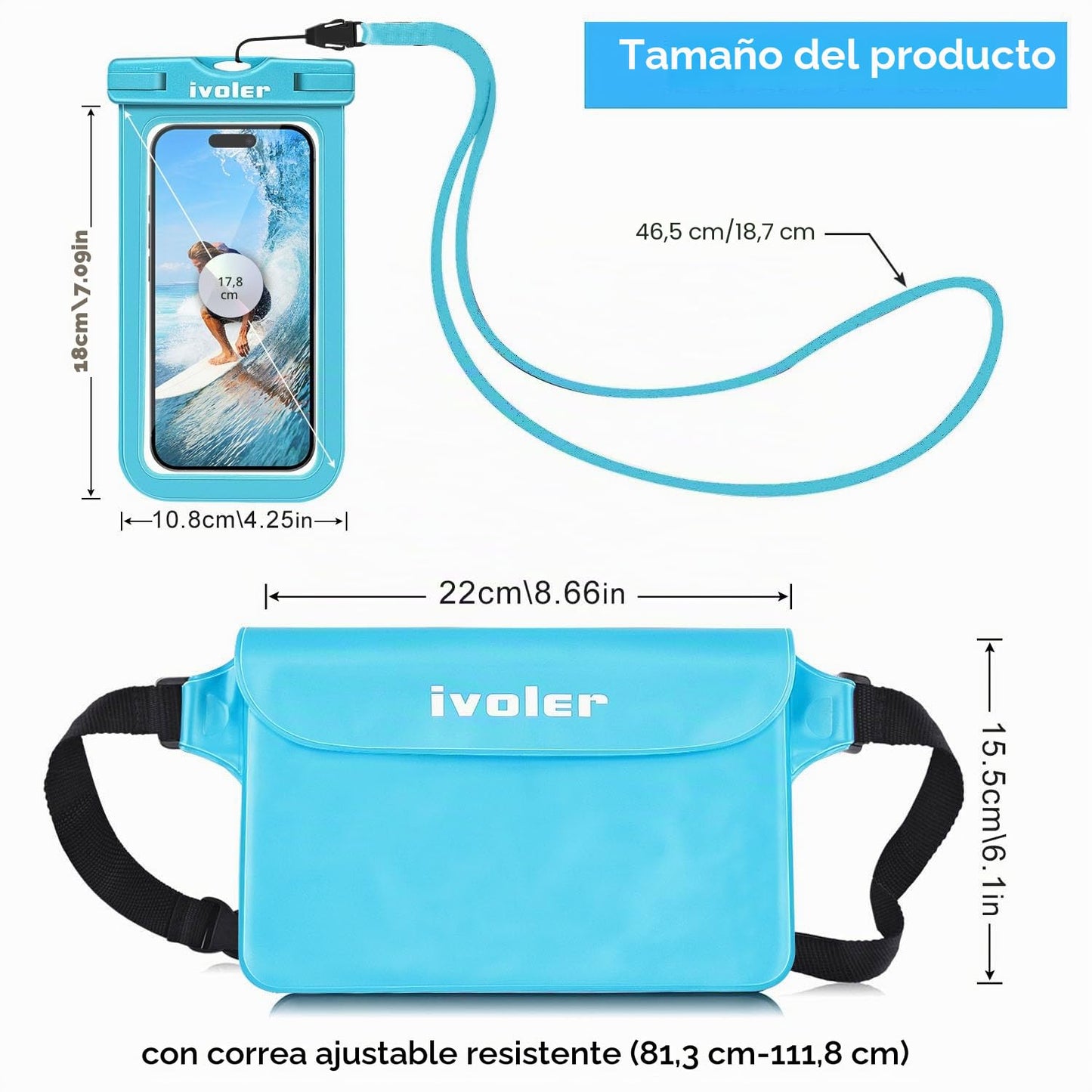 ivoler Set de Bolsa Impermeable con Riñonera de Cintura y Funda Móvil para Playa Natación Canotaje Pesca, Protección para Teléfono Móvil, Cámara, Documento, Pasaporte (Azul menta)