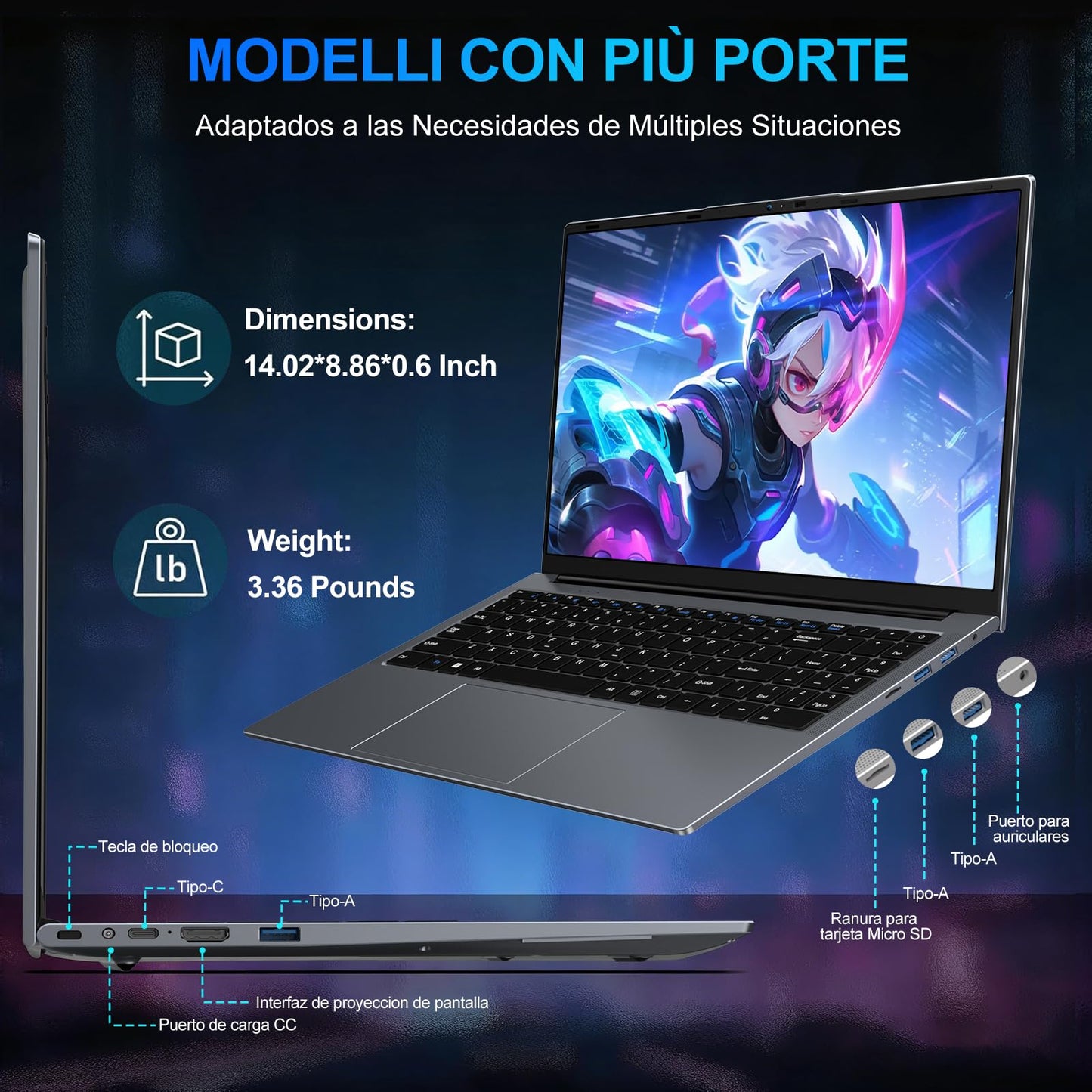 Ordenador Portátil 15,6 Pulgadas Celeron N5095 2,9 GHz Win11 Pro 8GB 256GB SSD Expansión 1TB 5G WiFi 1920x1080 FHD BT4.2 HDMl USB 3.0 Portatil con Ratón Inalámbrico y Teclado Español Membrana - Gris-A