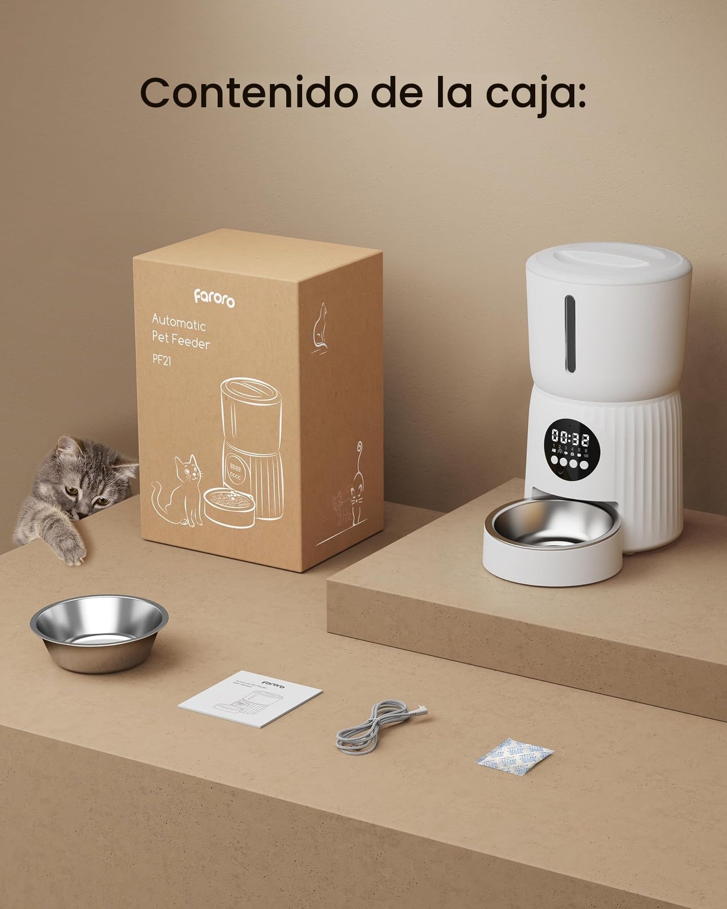 Comedero Gato Automatico, Faroro 4L Dispensador Comida Gatos/Perros con 1 a 6 Comidas Al Día, Control de Porciones, Voz 10s, Alimentación Lenta (Blanco)