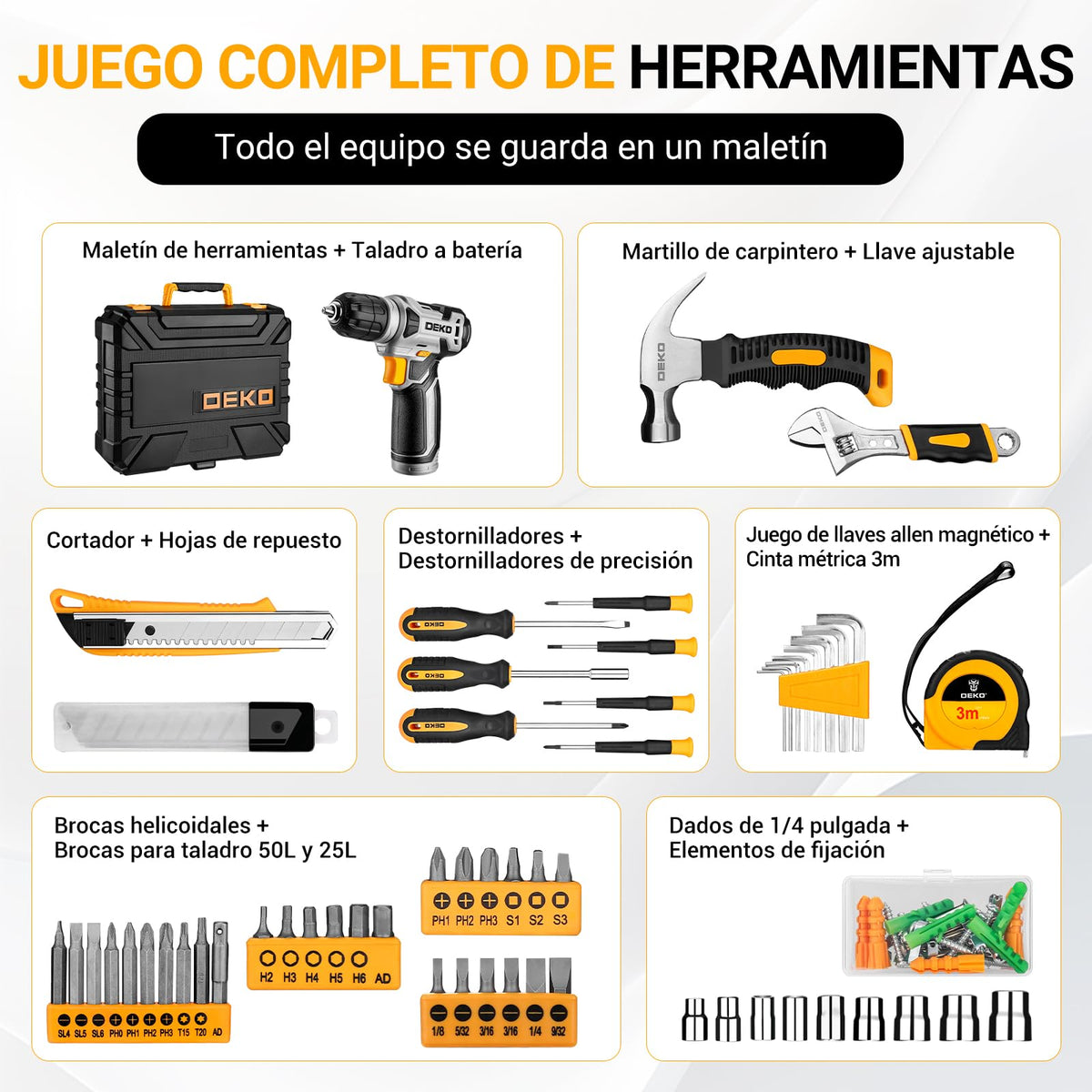 DEKO Caja Herramientas Completa con Destornillador Electrico/Taladro con bateria de 8V, Maletin de 126 Piezas, Caja profesional de herramientas Domésticas de Bricolaje para Oficinas y Jardín, Gris